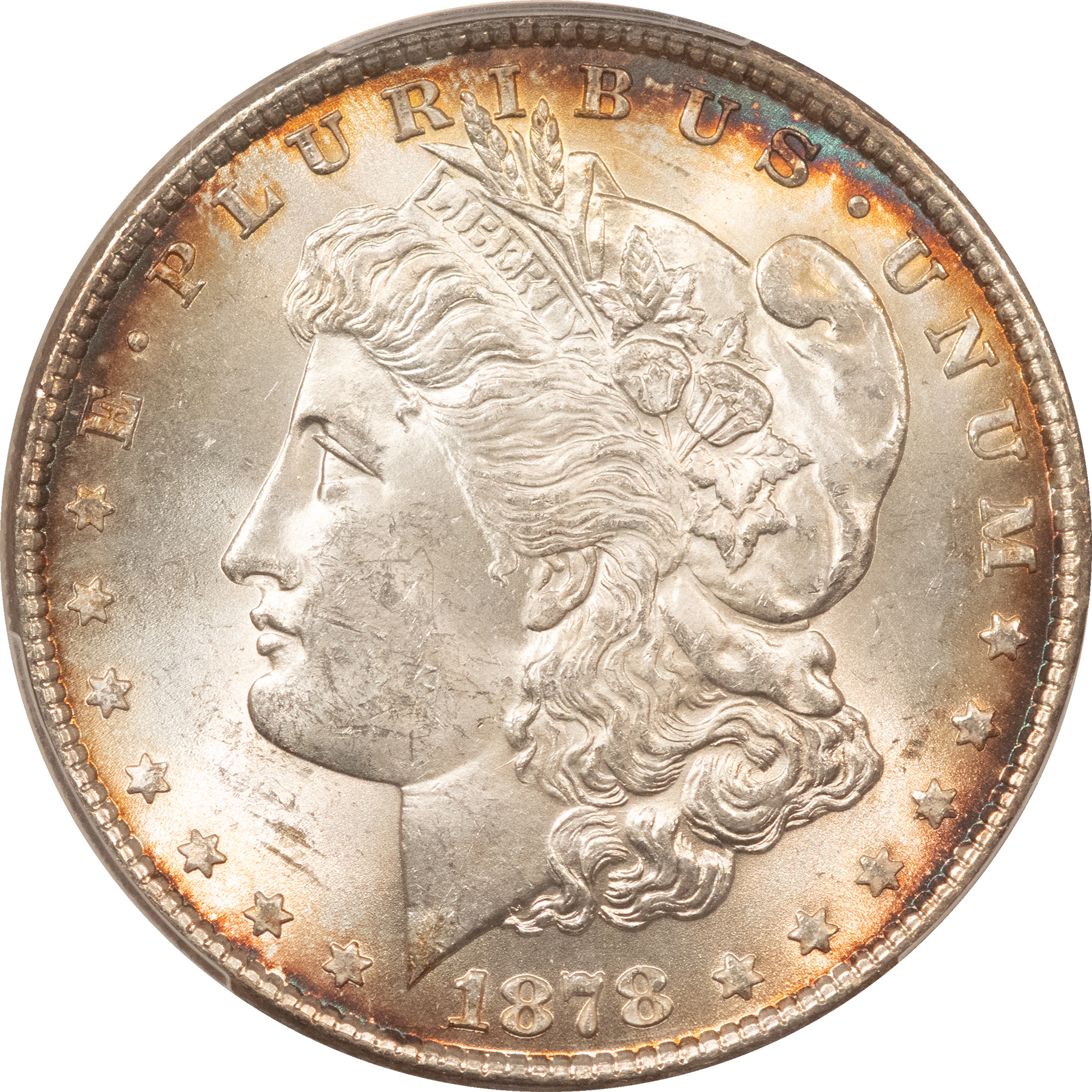 Dollars 1878 7TF MORGAN DOLLAR, REV OF 79, PCGS MS-63, ORIGINAL WHITE W/ RIM TONING! Dollars 1878 7TF MORGAN DOLLAR, REV OF 79, PCGS MS-63, ORIGINAL WHITE W/ RIM TONING!