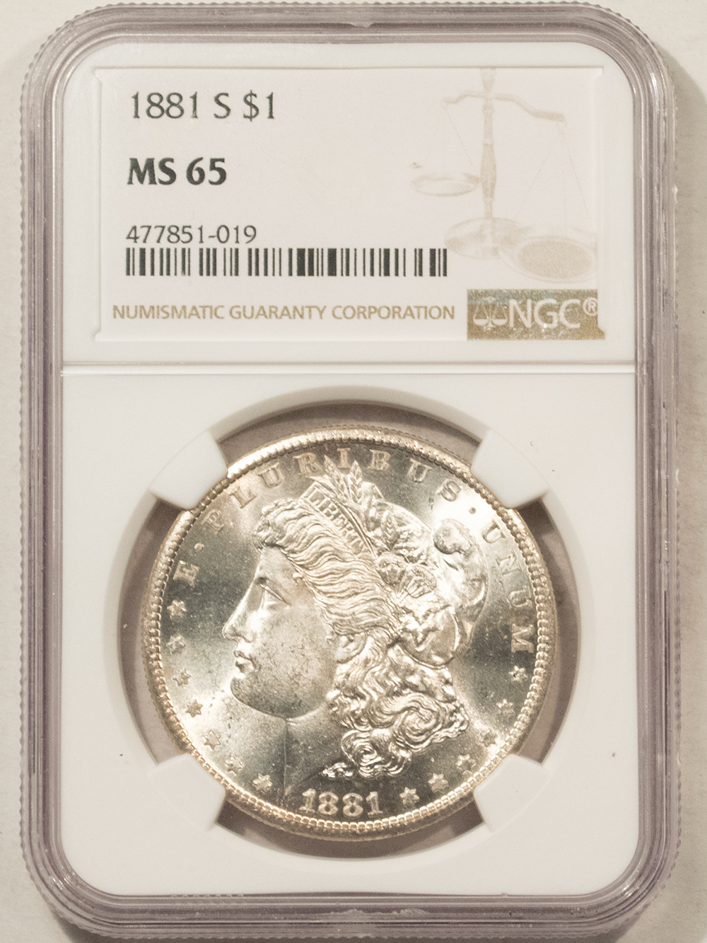 Dollars 1881-S MORGAN DOLLAR, NGC MS-65, A SPARKLING WHITE GEM W/ CARTWHEEL LUSTER! Dollars 1881-S MORGAN DOLLAR, NGC MS-65, A SPARKLING WHITE GEM W/ CARTWHEEL LUSTER!