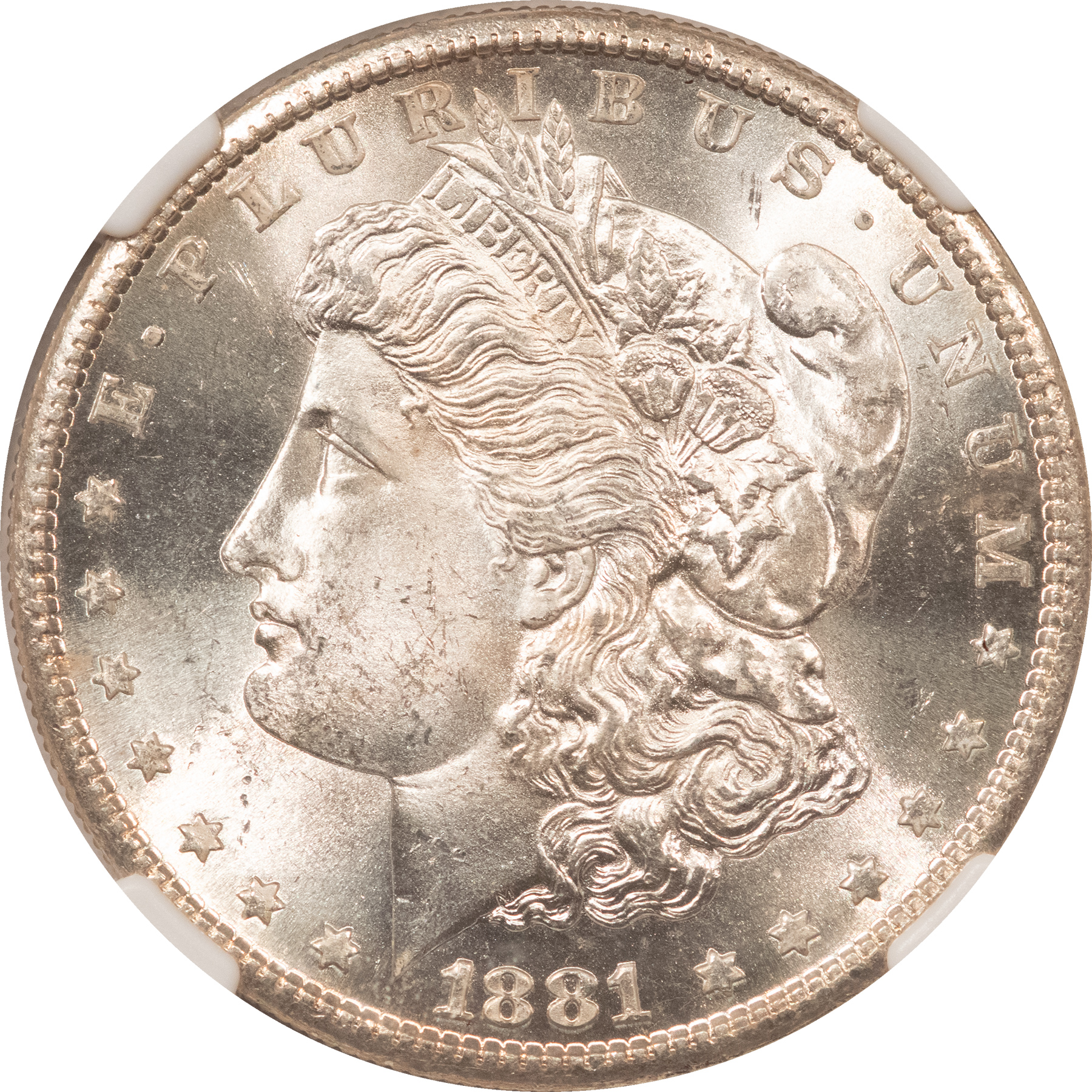 Dollars 1881-S MORGAN DOLLAR, NGC MS-65, A SPARKLING WHITE GEM W/ CARTWHEEL LUSTER! Dollars 1881-S MORGAN DOLLAR, NGC MS-65, A SPARKLING WHITE GEM W/ CARTWHEEL LUSTER!