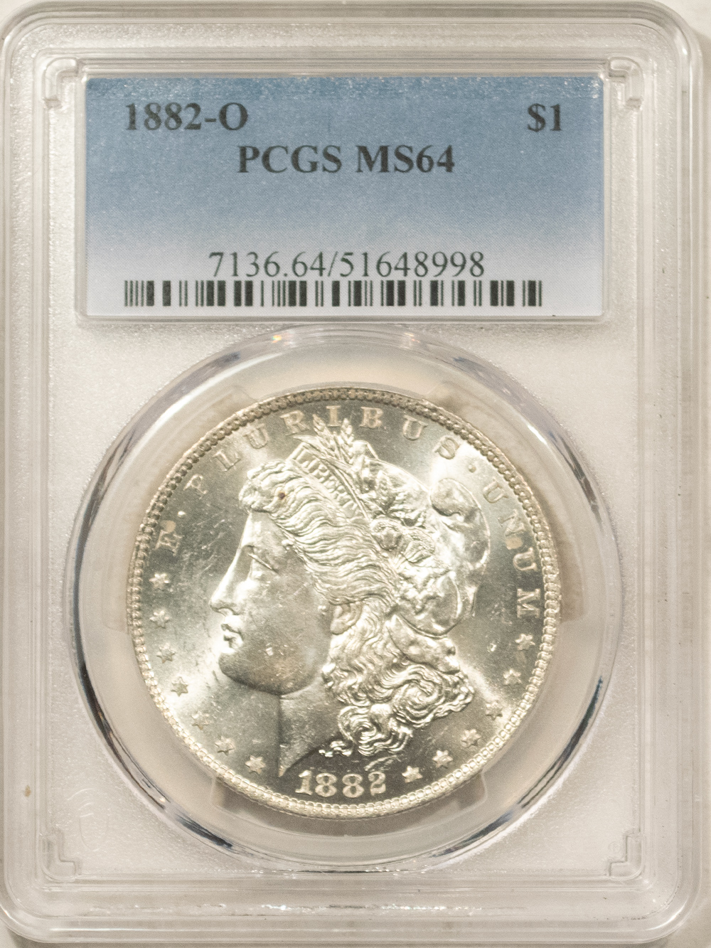 Dollars 1882-O MORGAN DOLLAR, PCGS MS-64, LUSTROUS WHITE, OBV CONTACT MARKS, WELL STRUCK Dollars 1882-O MORGAN DOLLAR, PCGS MS-64, LUSTROUS WHITE, OBV CONTACT MARKS, WELL STRUCK