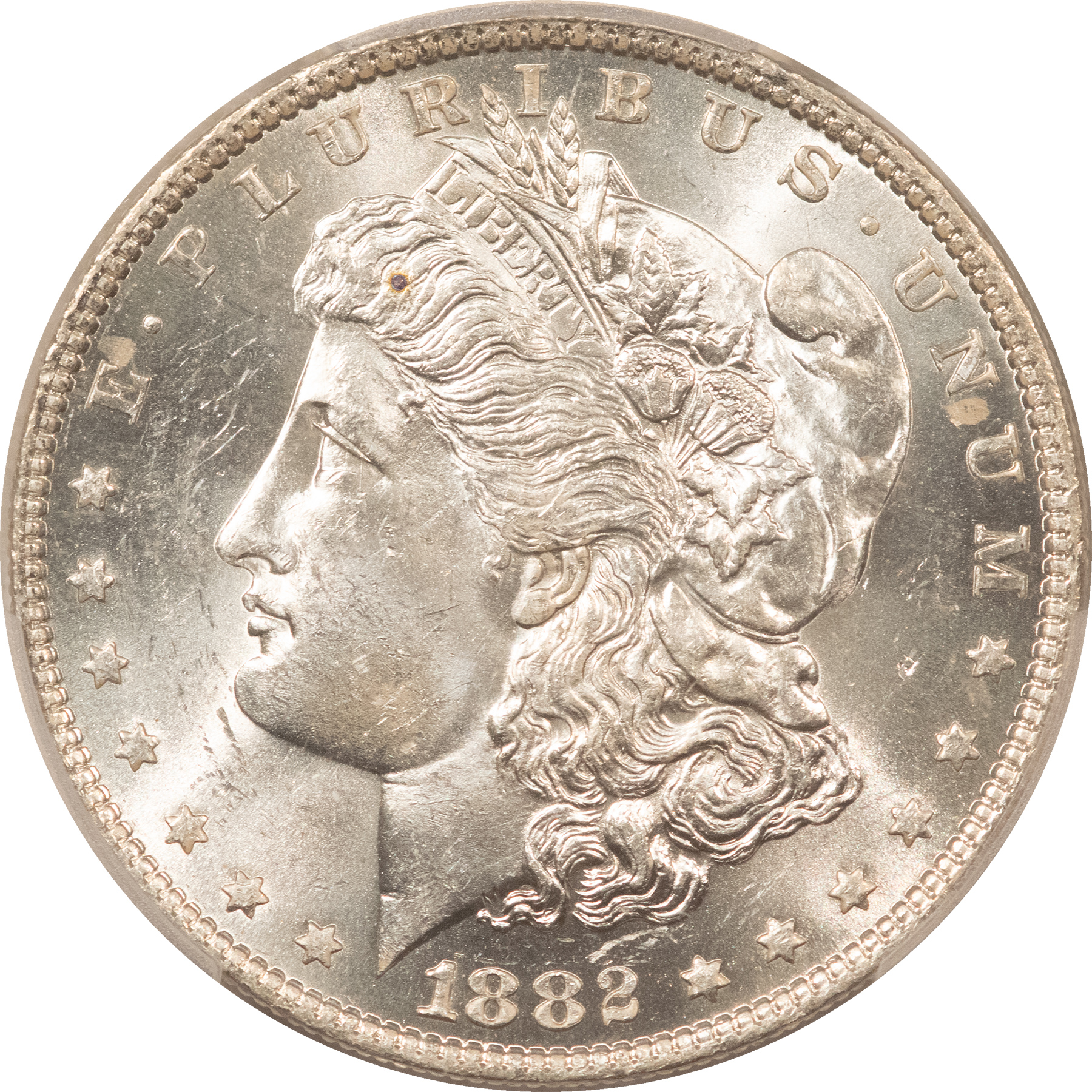 Dollars 1882-O MORGAN DOLLAR, PCGS MS-64, LUSTROUS WHITE, OBV CONTACT MARKS, WELL STRUCK Dollars 1882-O MORGAN DOLLAR, PCGS MS-64, LUSTROUS WHITE, OBV CONTACT MARKS, WELL STRUCK