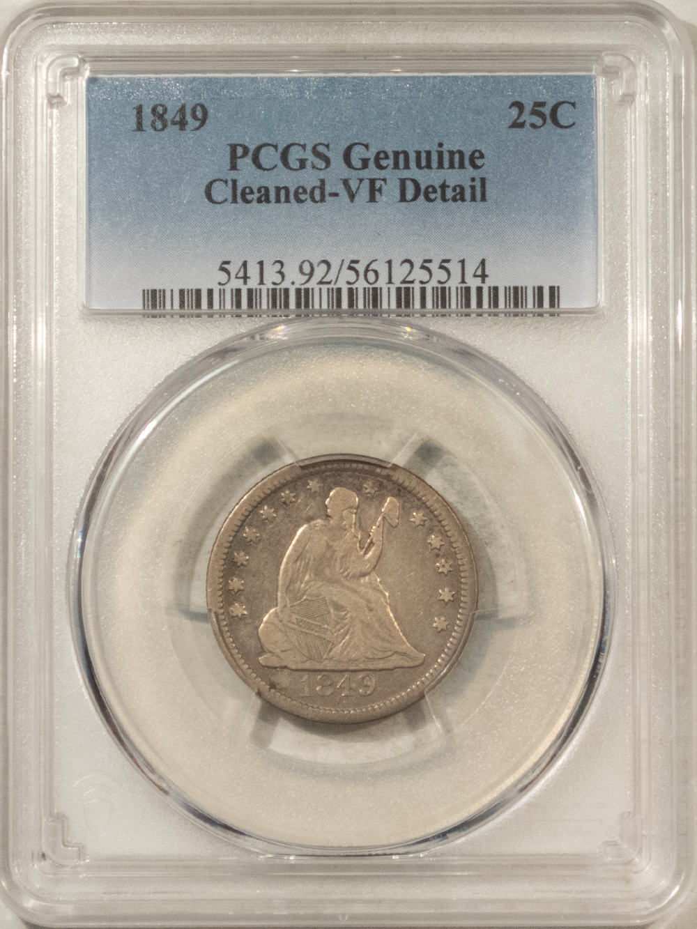 Liberty Seated Quarters 1849 SEATED LIBERTY QUARTER – PCGS GENUINE CLEANED-VF DETAIL! NO CLEANING! Liberty Seated Quarters 1849 SEATED LIBERTY QUARTER – PCGS GENUINE CLEANED-VF DETAIL! NO CLEANING!