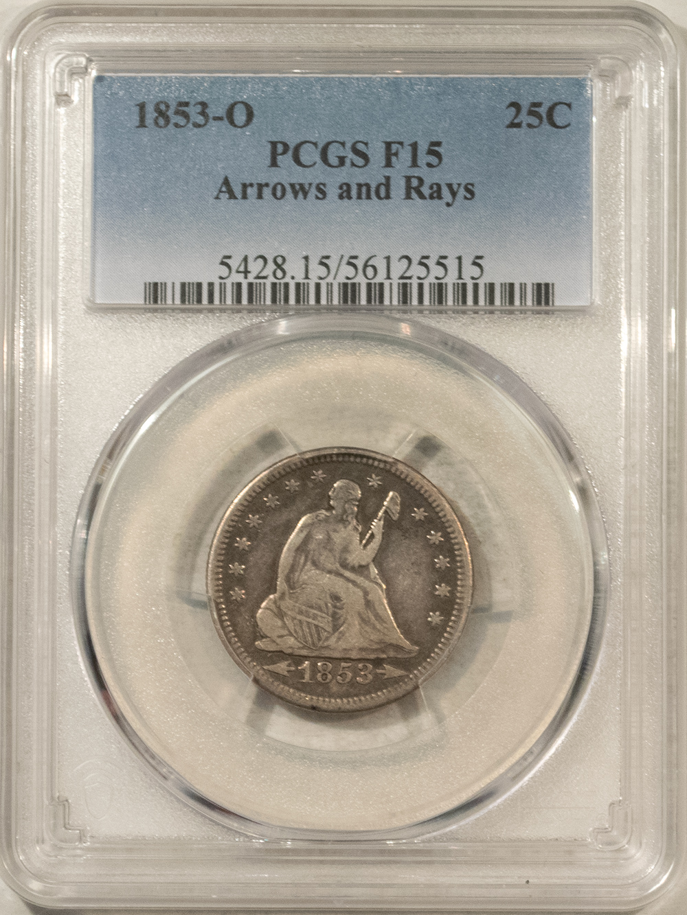 Liberty Seated Quarters 1853-O SEATED LIBERTY QUARTER, ARROWS AND RAYS – PCGS F-15 Liberty Seated Quarters 1853-O SEATED LIBERTY QUARTER, ARROWS AND RAYS – PCGS F-15