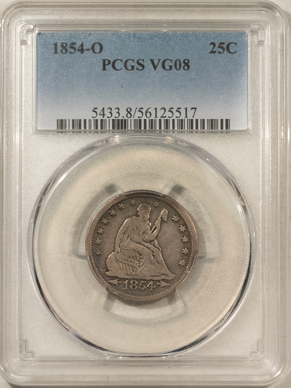 Liberty Seated Quarters 1854-O SEATED LIBERTY QUARTER – PCGS VG-08 Liberty Seated Quarters 1854-O SEATED LIBERTY QUARTER – PCGS VG-08