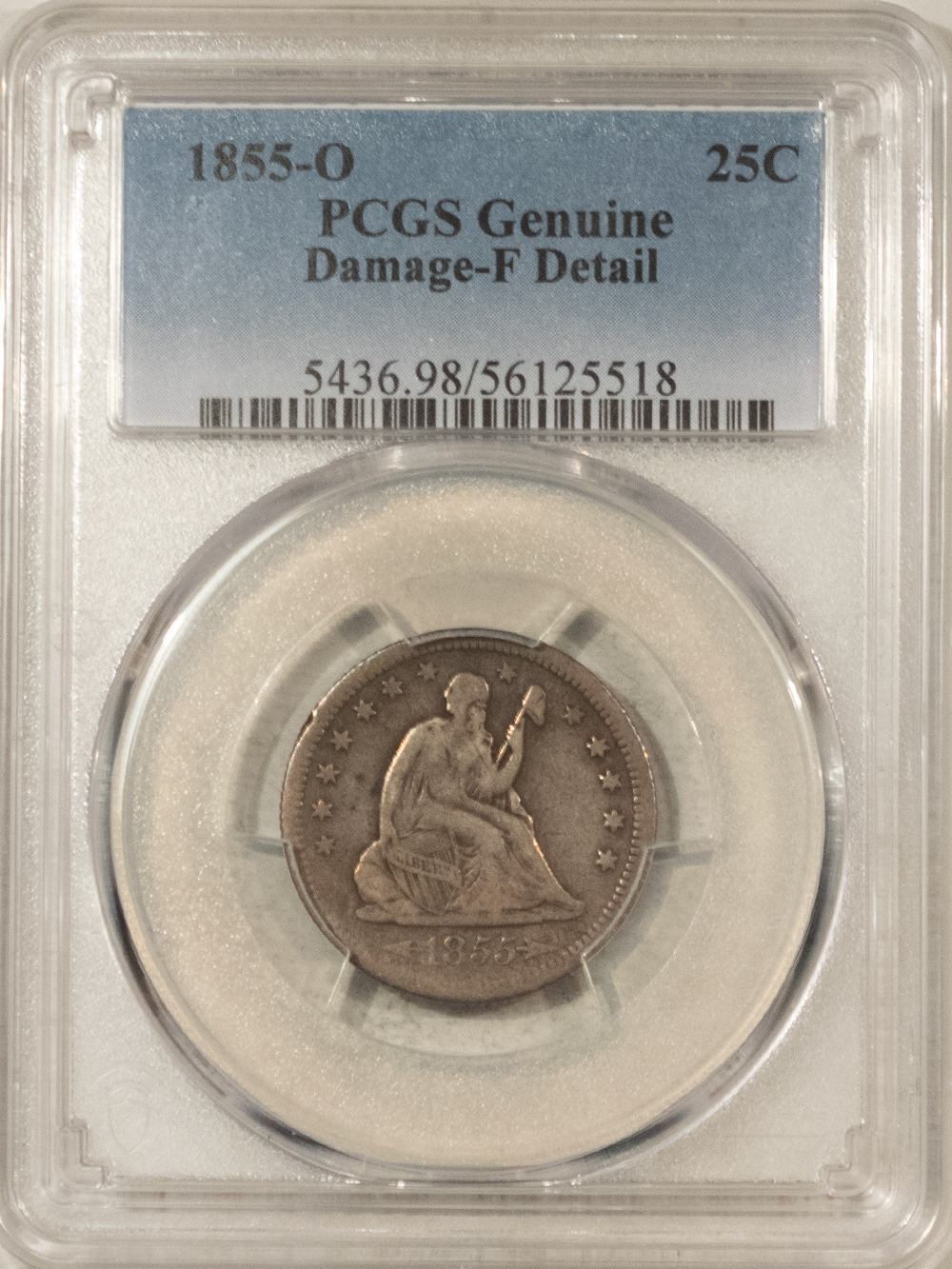 Liberty Seated Quarters 1855-O SEATED LIBERTY QUARTER – PCGS GENUINE DAMAGE-F DETAIL, SCARCE! Liberty Seated Quarters 1855-O SEATED LIBERTY QUARTER – PCGS GENUINE DAMAGE-F DETAIL, SCARCE!