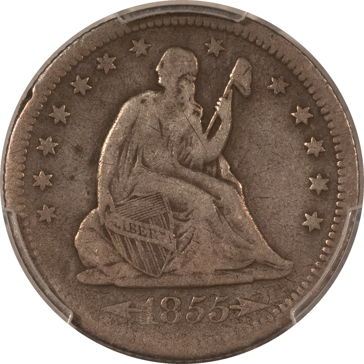 Liberty Seated Quarters 1855-O SEATED LIBERTY QUARTER – PCGS GENUINE DAMAGE-F DETAIL, SCARCE! Liberty Seated Quarters 1855-O SEATED LIBERTY QUARTER – PCGS GENUINE DAMAGE-F DETAIL, SCARCE!