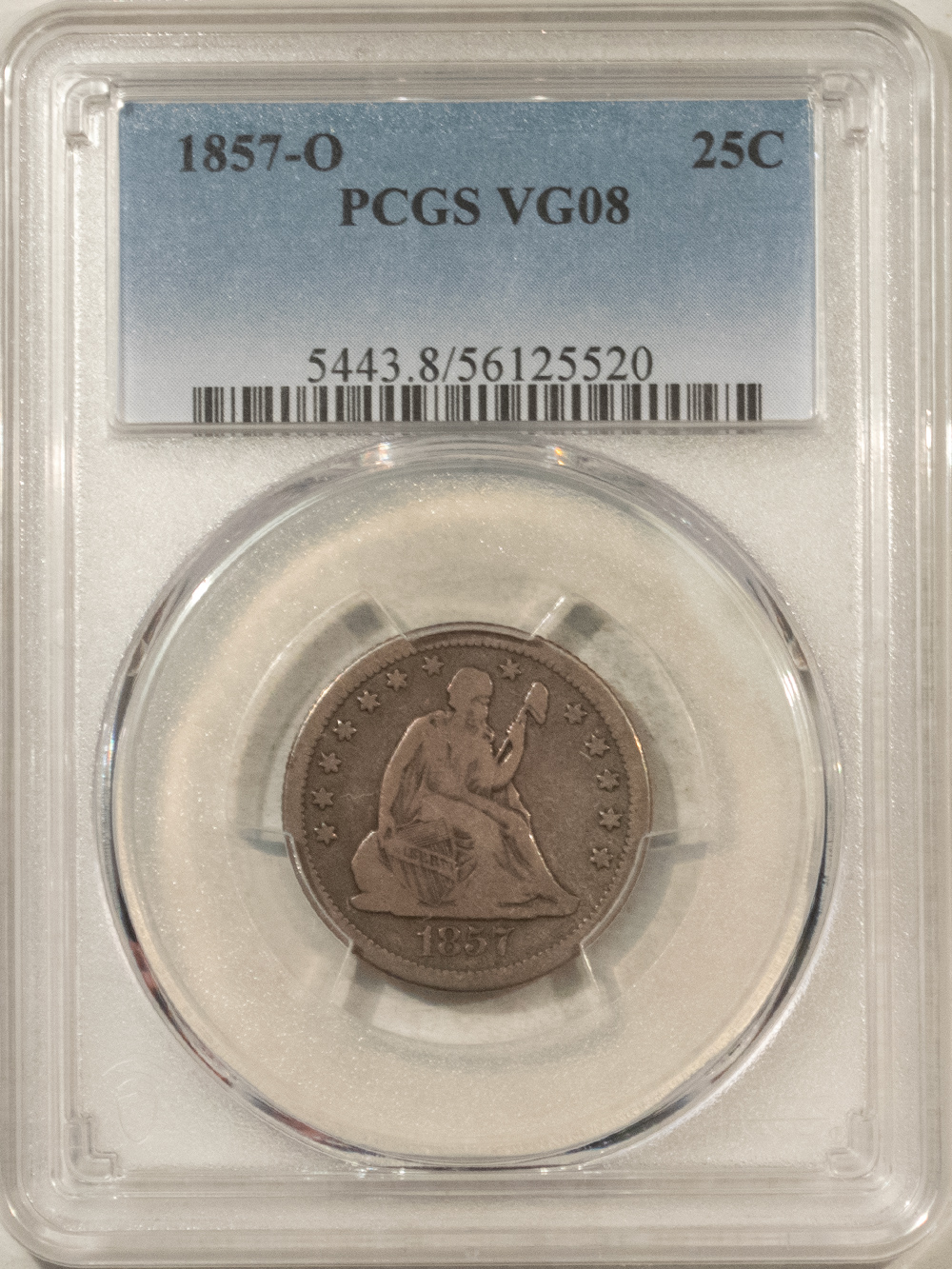 Liberty Seated Quarters 1857-O SEATED LIBERTY QUARTER – PCGS VG-08 Liberty Seated Quarters 1857-O SEATED LIBERTY QUARTER – PCGS VG-08