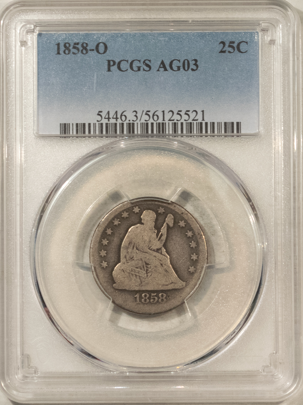 Liberty Seated Quarters 1858-O SEATED LIBERTY QUARTER – PCGS AG-03, A SOLID GOOD! Liberty Seated Quarters 1858-O SEATED LIBERTY QUARTER – PCGS AG-03, A SOLID GOOD!