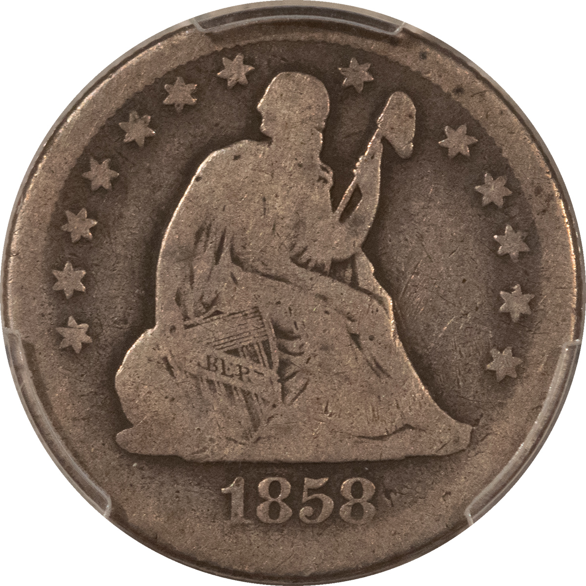 Liberty Seated Quarters 1858-O SEATED LIBERTY QUARTER – PCGS AG-03, A SOLID GOOD! Liberty Seated Quarters 1858-O SEATED LIBERTY QUARTER – PCGS AG-03, A SOLID GOOD!
