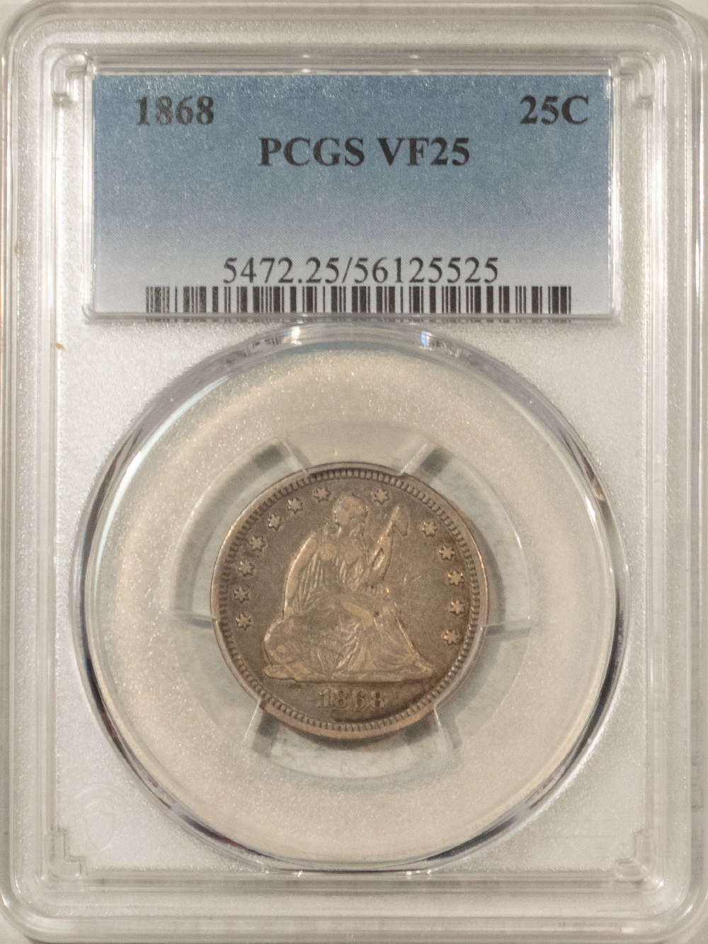 Liberty Seated Quarters 1868 SEATED LIBERTY QUARTER – PCGS VF-25, RARE! Liberty Seated Quarters 1868 SEATED LIBERTY QUARTER – PCGS VF-25, RARE!