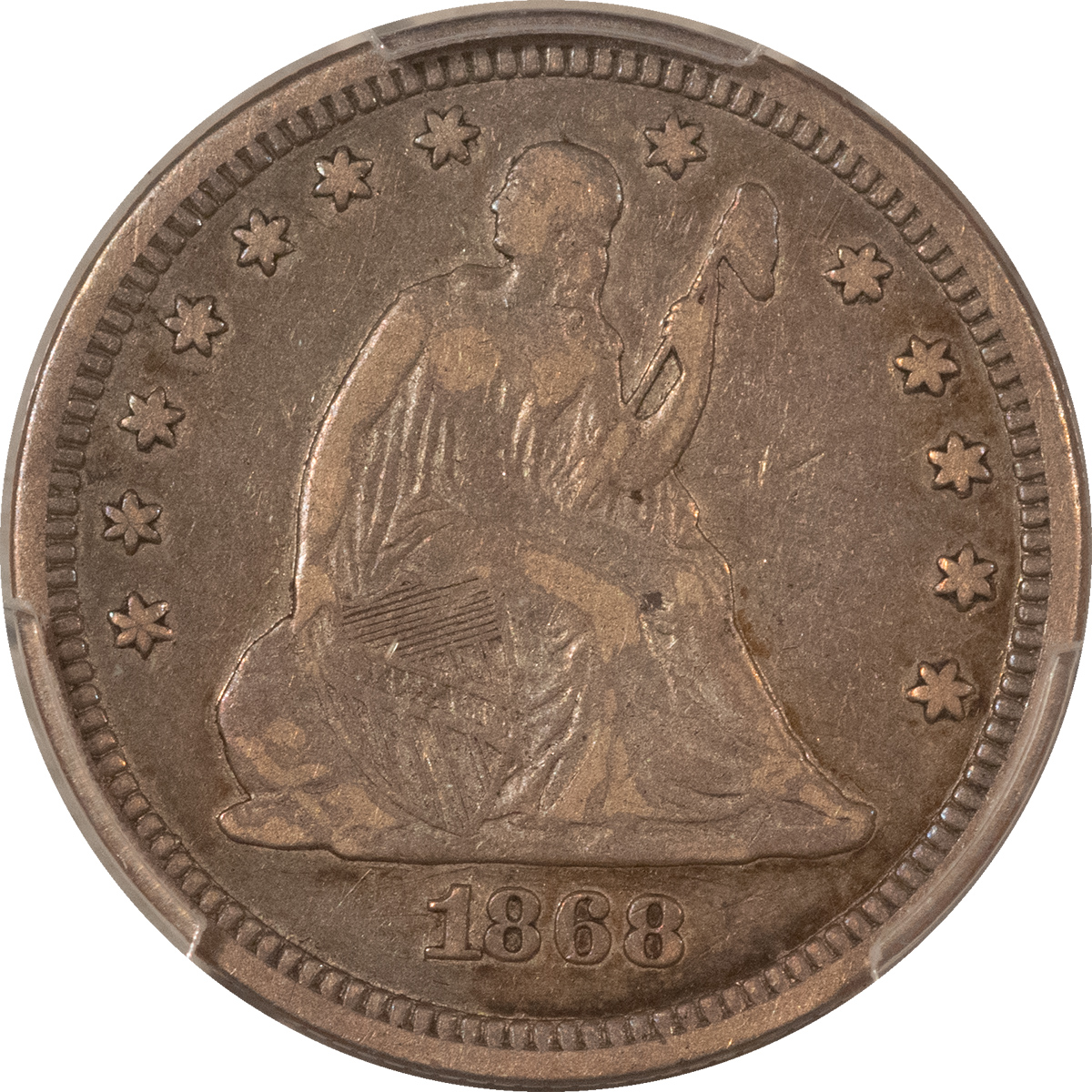 Liberty Seated Quarters 1868 SEATED LIBERTY QUARTER – PCGS VF-25, RARE! Liberty Seated Quarters 1868 SEATED LIBERTY QUARTER – PCGS VF-25, RARE!