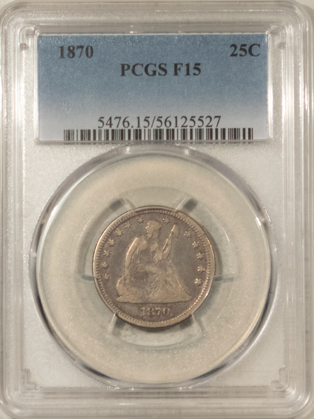 Liberty Seated Quarters 1870 SEATED LIBERTY QUARTER – PCGS F-15, RARE DATE! Liberty Seated Quarters 1870 SEATED LIBERTY QUARTER – PCGS F-15, RARE DATE!