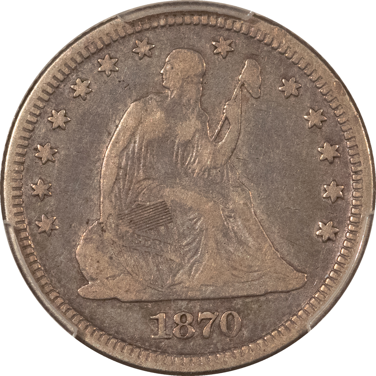 Liberty Seated Quarters 1870 SEATED LIBERTY QUARTER – PCGS F-15, RARE DATE! Liberty Seated Quarters 1870 SEATED LIBERTY QUARTER – PCGS F-15, RARE DATE!