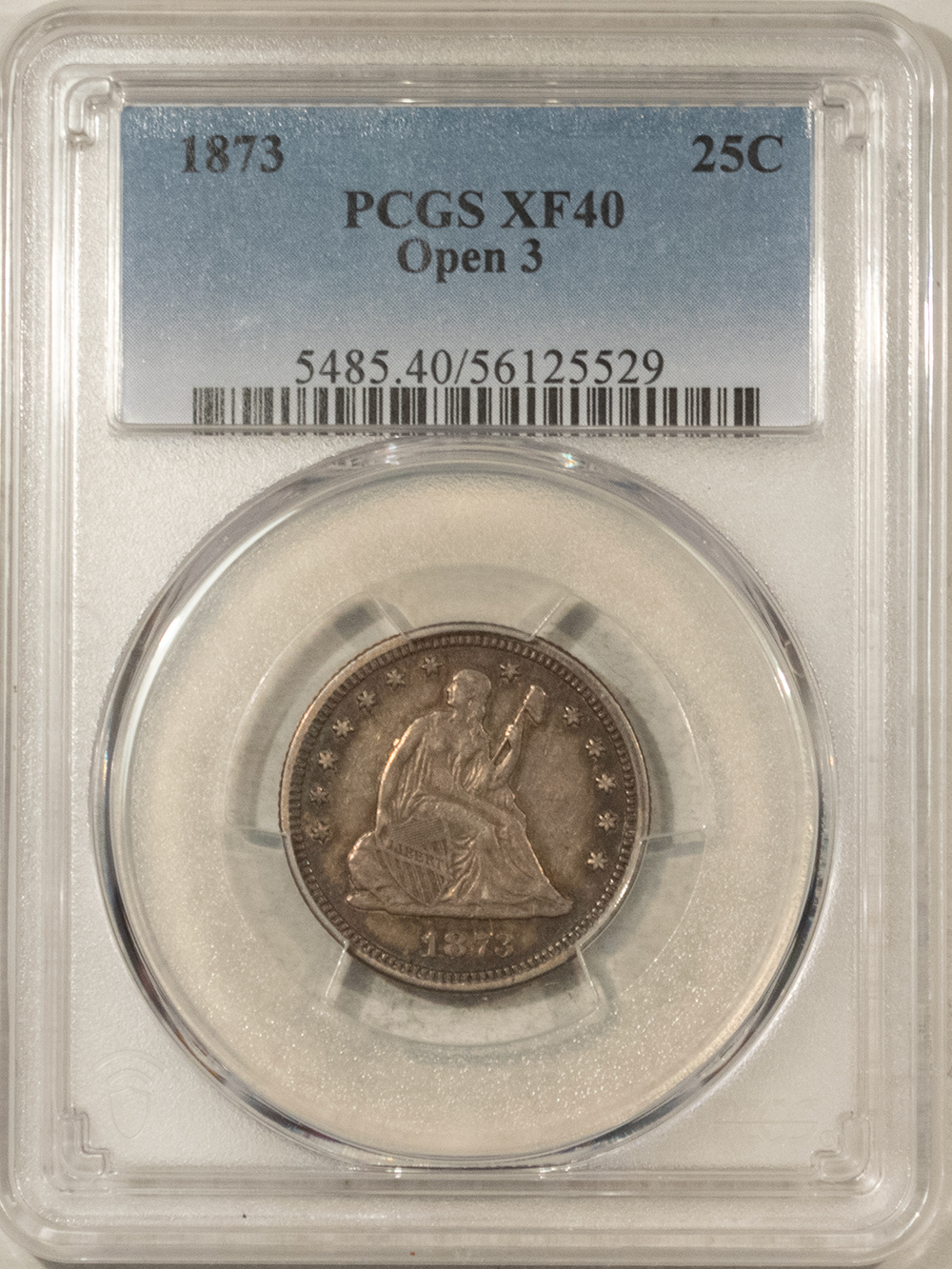 Liberty Seated Quarters 1873 SEATED LIBERTY QUARTER, OPEN 3 – PCGS XF-40 Liberty Seated Quarters 1873 SEATED LIBERTY QUARTER, OPEN 3 – PCGS XF-40