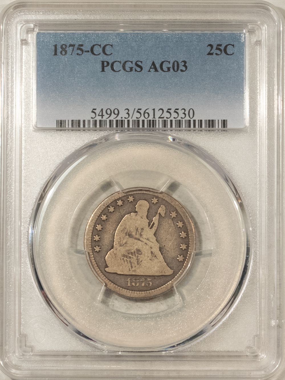 Liberty Seated Quarters 1875-CC SEATED LIBERTY QUARTER – PCGS AG-03, FULL GOOD! CARSON CITY! Liberty Seated Quarters 1875-CC SEATED LIBERTY QUARTER – PCGS AG-03, FULL GOOD! CARSON CITY!