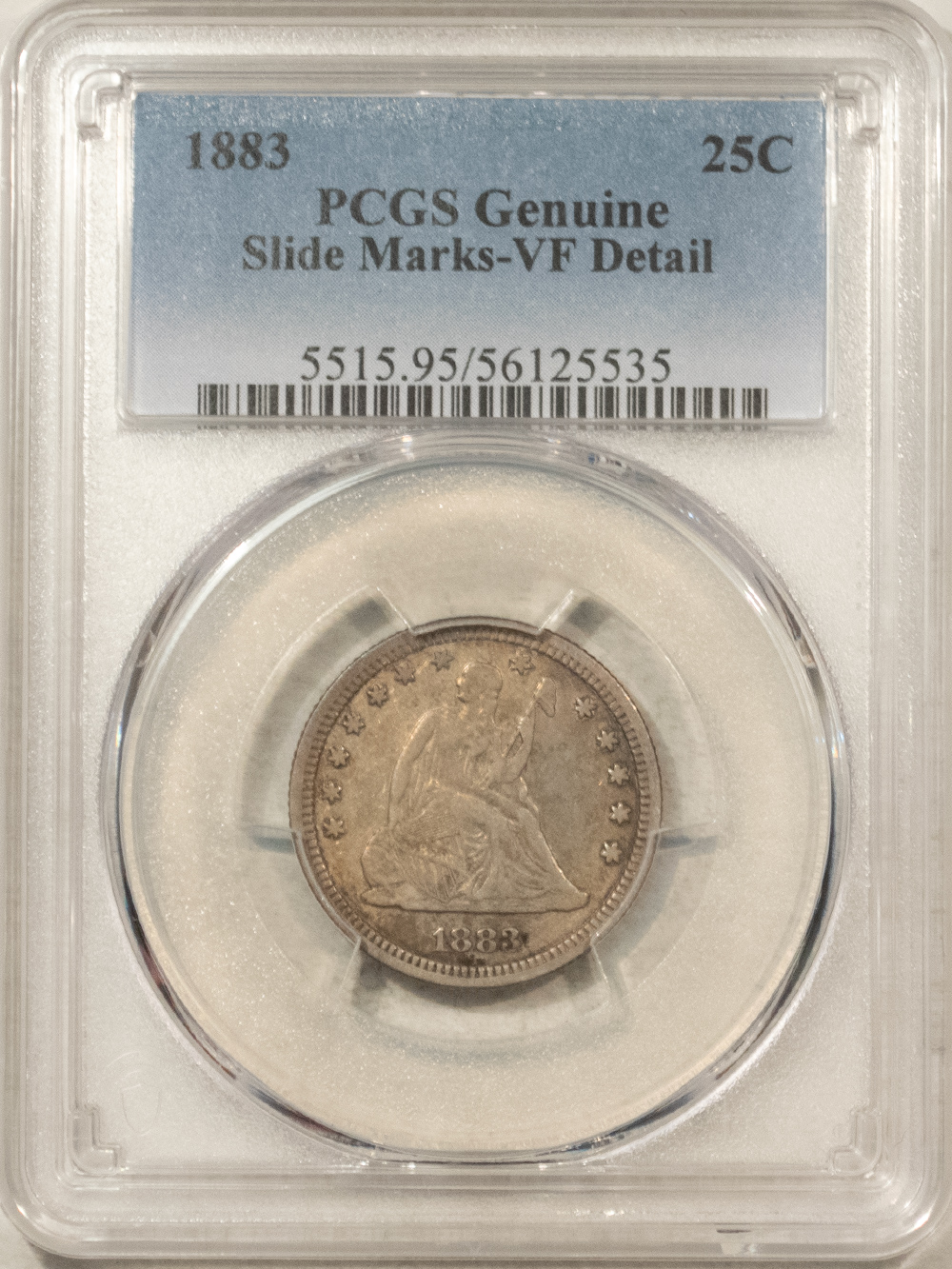 Liberty Seated Quarters 1883 SEATED LIBERTY QUARTER – PCGS GENUINE SLIDE MARKS-VF DETAIL! RARE DATE! Liberty Seated Quarters 1883 SEATED LIBERTY QUARTER – PCGS GENUINE SLIDE MARKS-VF DETAIL! RARE DATE!