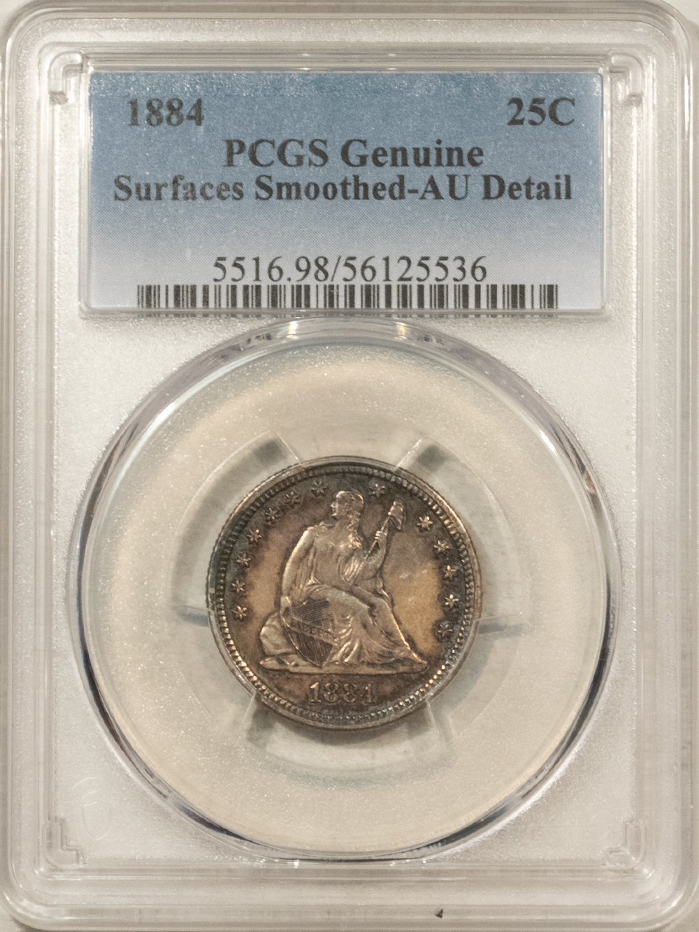 Liberty Seated Quarters 1884 SEATED LIBERTY QUARTER PCGS GENUINE SURFACES SMOOTHED-AU DETAIL! RARE DATE! Liberty Seated Quarters 1884 SEATED LIBERTY QUARTER PCGS GENUINE SURFACES SMOOTHED-AU DETAIL! RARE DATE!