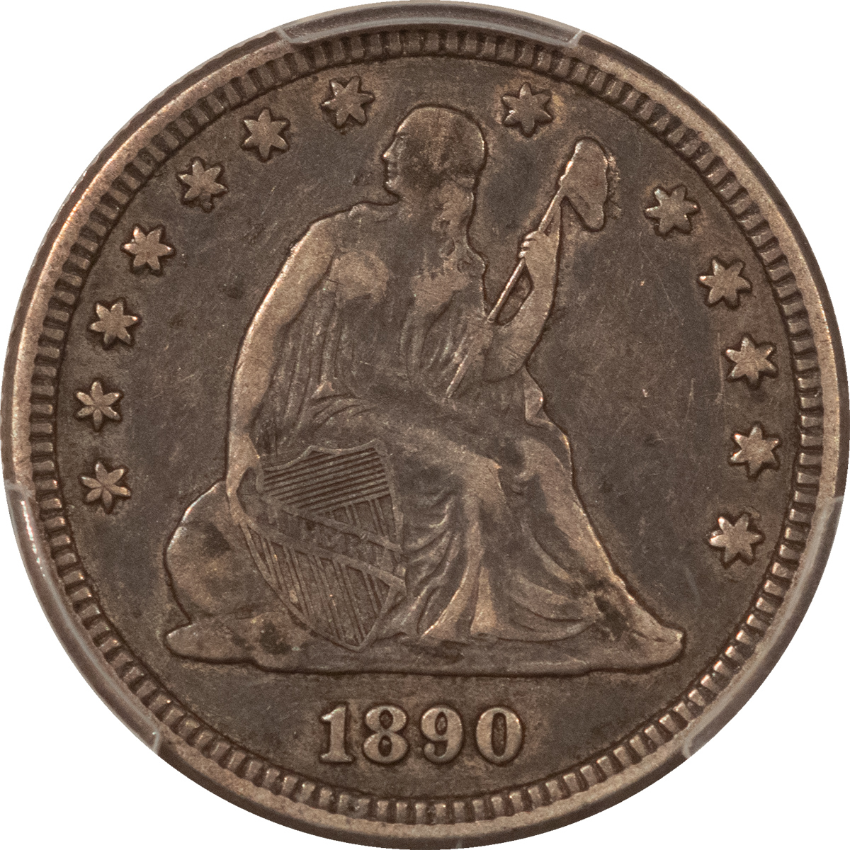 Liberty Seated Quarters 1890 SEATED LIBERTY QUARTER – PCGS VF-35, TOUGH DATE! Liberty Seated Quarters 1890 SEATED LIBERTY QUARTER – PCGS VF-35, TOUGH DATE!