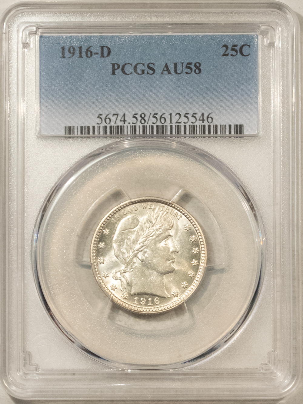 Barber Quarters 1916-D BARBER QUARTER – PCGS AU-58 WHITE & FLASHY Barber Quarters 1916-D BARBER QUARTER – PCGS AU-58 WHITE & FLASHY