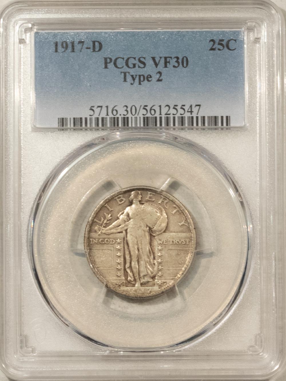 New Certified Coins 1917-D STANDING LIBERTY QUARTER, TYPE 2 – PCGS VF-30 New Certified Coins 1917-D STANDING LIBERTY QUARTER, TYPE 2 – PCGS VF-30