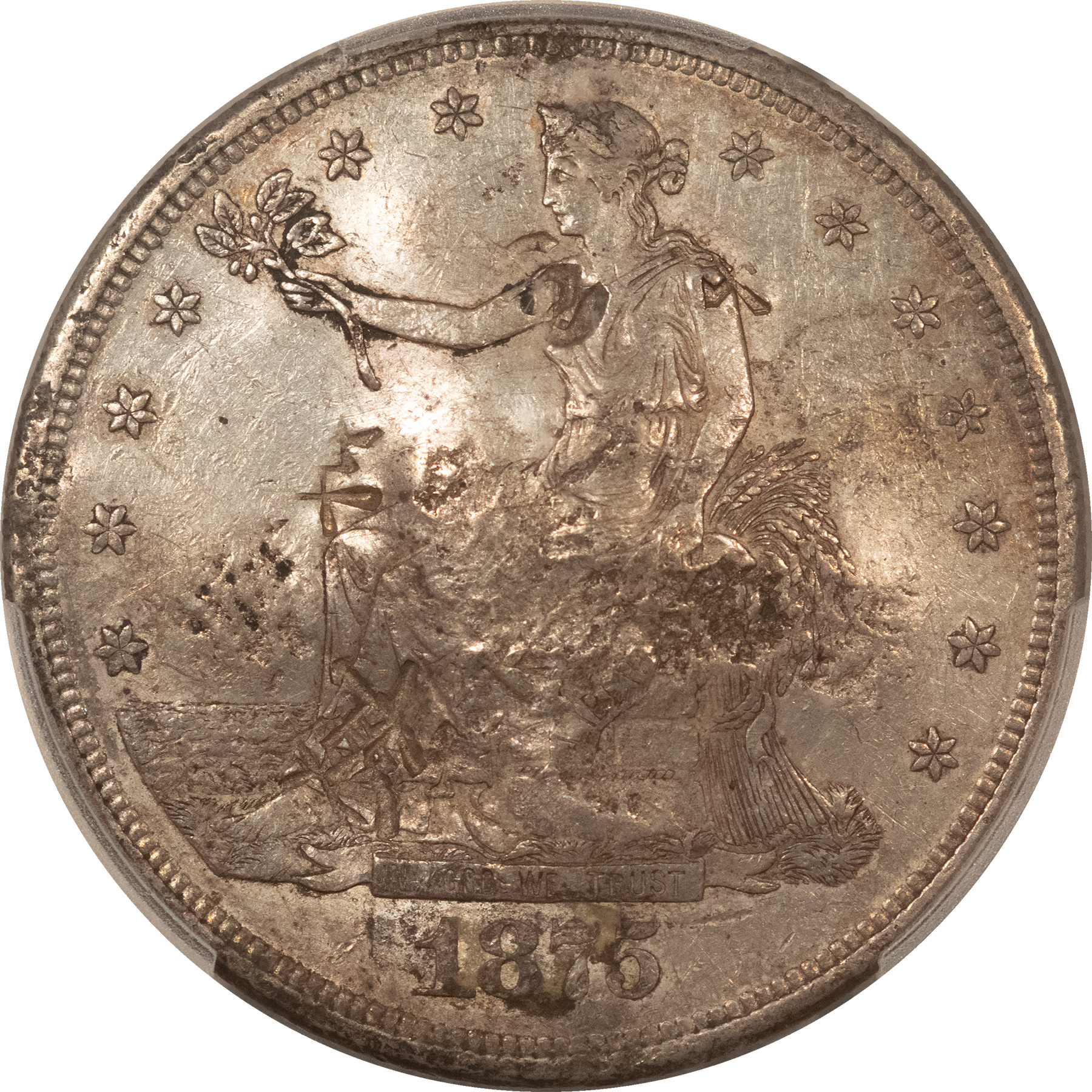 Dollars 1875-CC $1 TRADE DOLLAR, CHOP MARK – PCGS AU-50, CARSON CITY! Dollars 1875-CC $1 TRADE DOLLAR, CHOP MARK – PCGS AU-50, CARSON CITY!