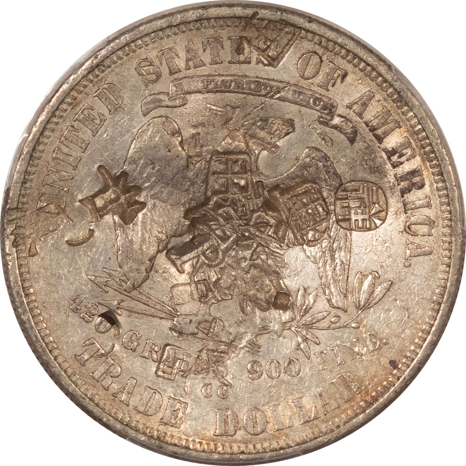 Dollars 1875-CC $1 TRADE DOLLAR, CHOP MARK – PCGS AU-50, CARSON CITY! Dollars 1875-CC $1 TRADE DOLLAR, CHOP MARK – PCGS AU-50, CARSON CITY!