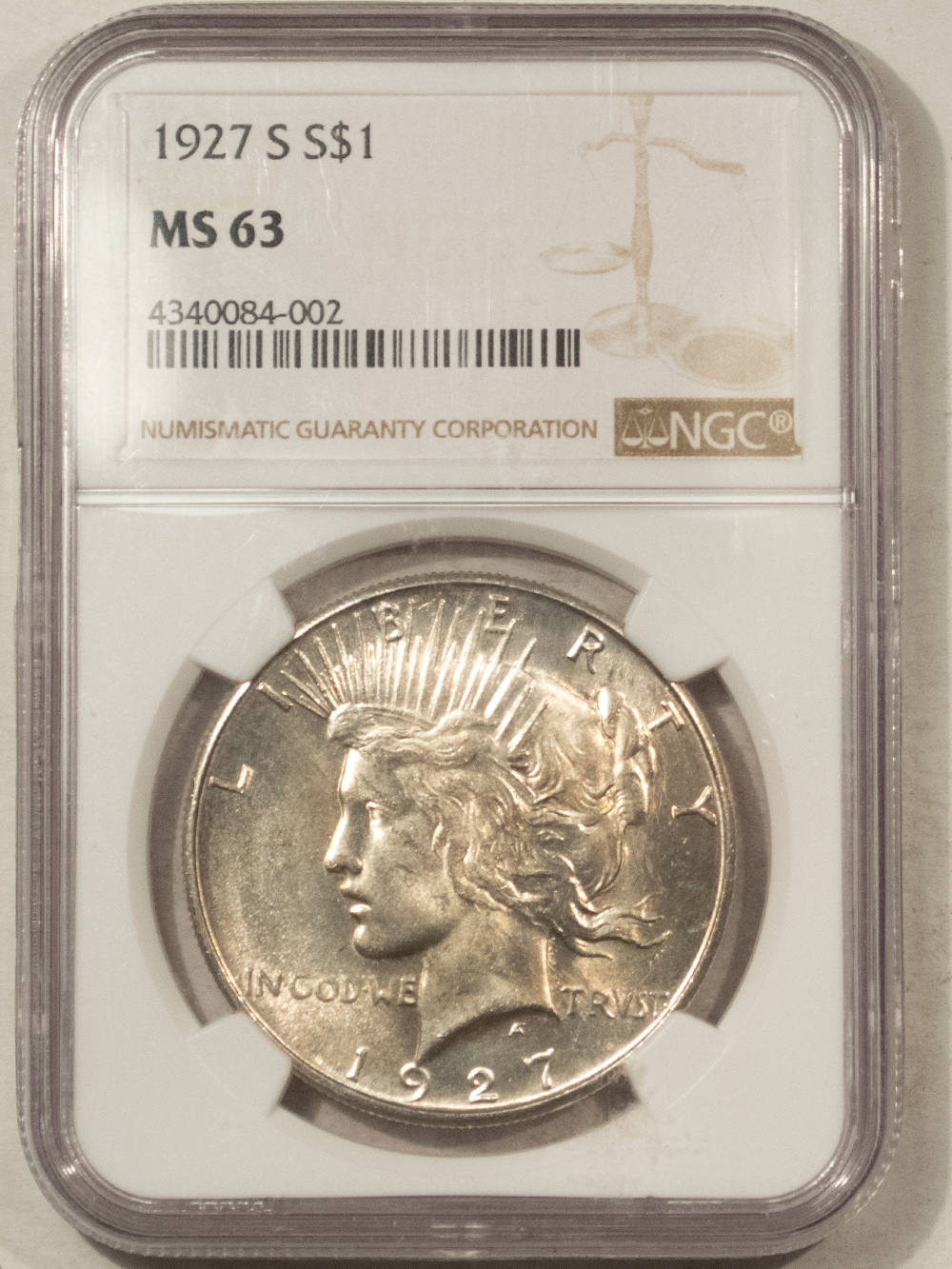 Dollars 1927-S $1 PEACE DOLLAR – NGC MS-63, ORIGINAL WHITE! Dollars 1927-S $1 PEACE DOLLAR – NGC MS-63, ORIGINAL WHITE!