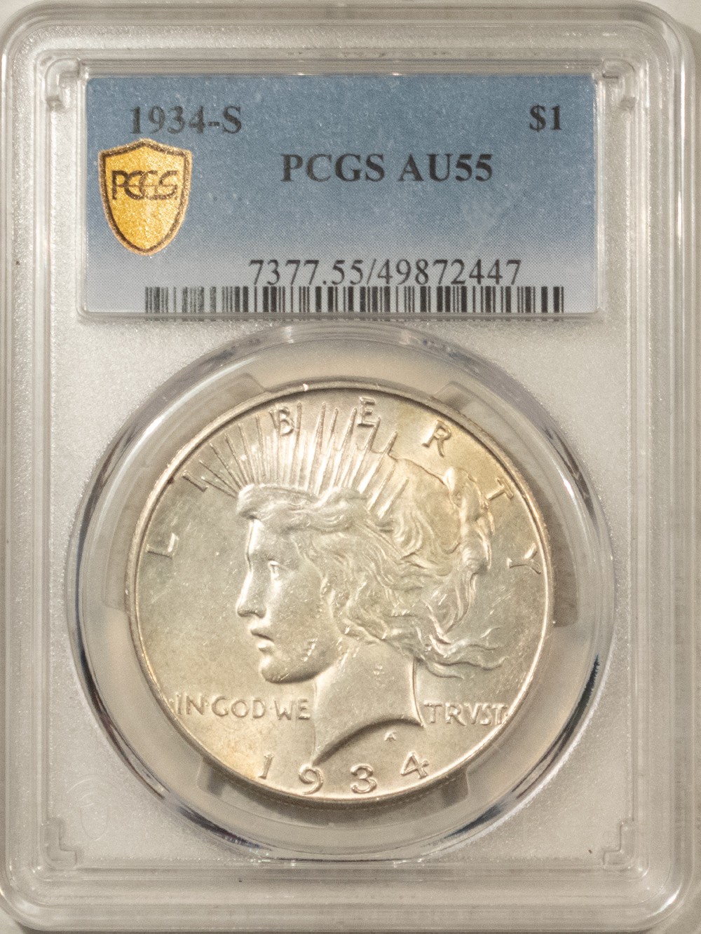 Dollars 1934-S $1 PEACE DOLLAR – PCGS AU-55, GREAT LOOK! KEY-DATE! Dollars 1934-S $1 PEACE DOLLAR – PCGS AU-55, GREAT LOOK! KEY-DATE!