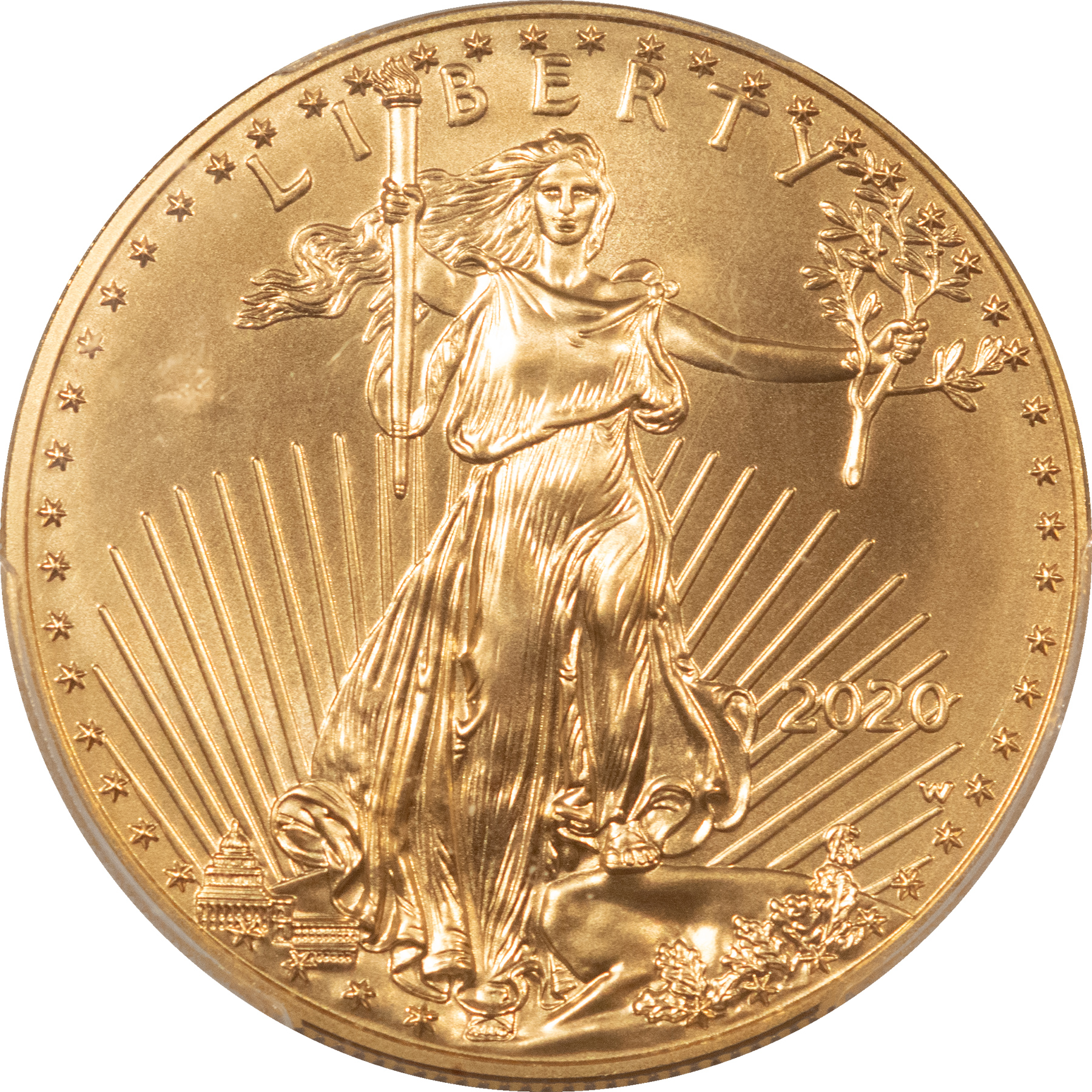 American Gold Eagles, Buffaloes, & Liberty Series 2020-W $50 BURNISHED 1 OZ AMERICAN GOLD EAGLE PCGS SP-70 V75 LABEL FIRST STRIKE American Gold Eagles, Buffaloes, & Liberty Series 2020-W $50 BURNISHED 1 OZ AMERICAN GOLD EAGLE PCGS SP-70 V75 LABEL FIRST STRIKE
