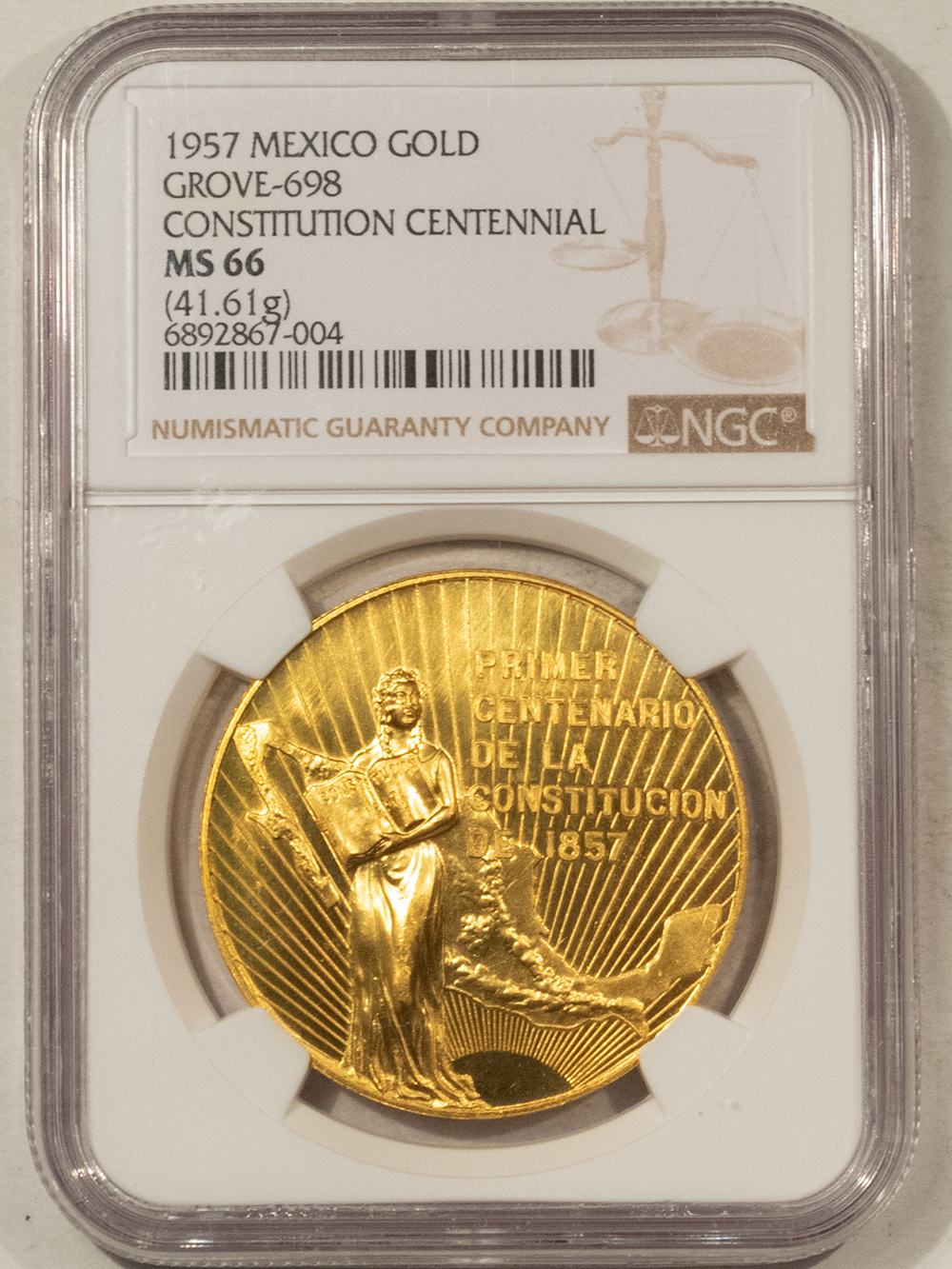 Bullion 1957 MEXICO GOLD MEDAL GROVE-698 CONSTITUTION CENTENNIAL 41.61GR NGC MS-66 Bullion 1957 MEXICO GOLD MEDAL GROVE-698 CONSTITUTION CENTENNIAL 41.61GR NGC MS-66