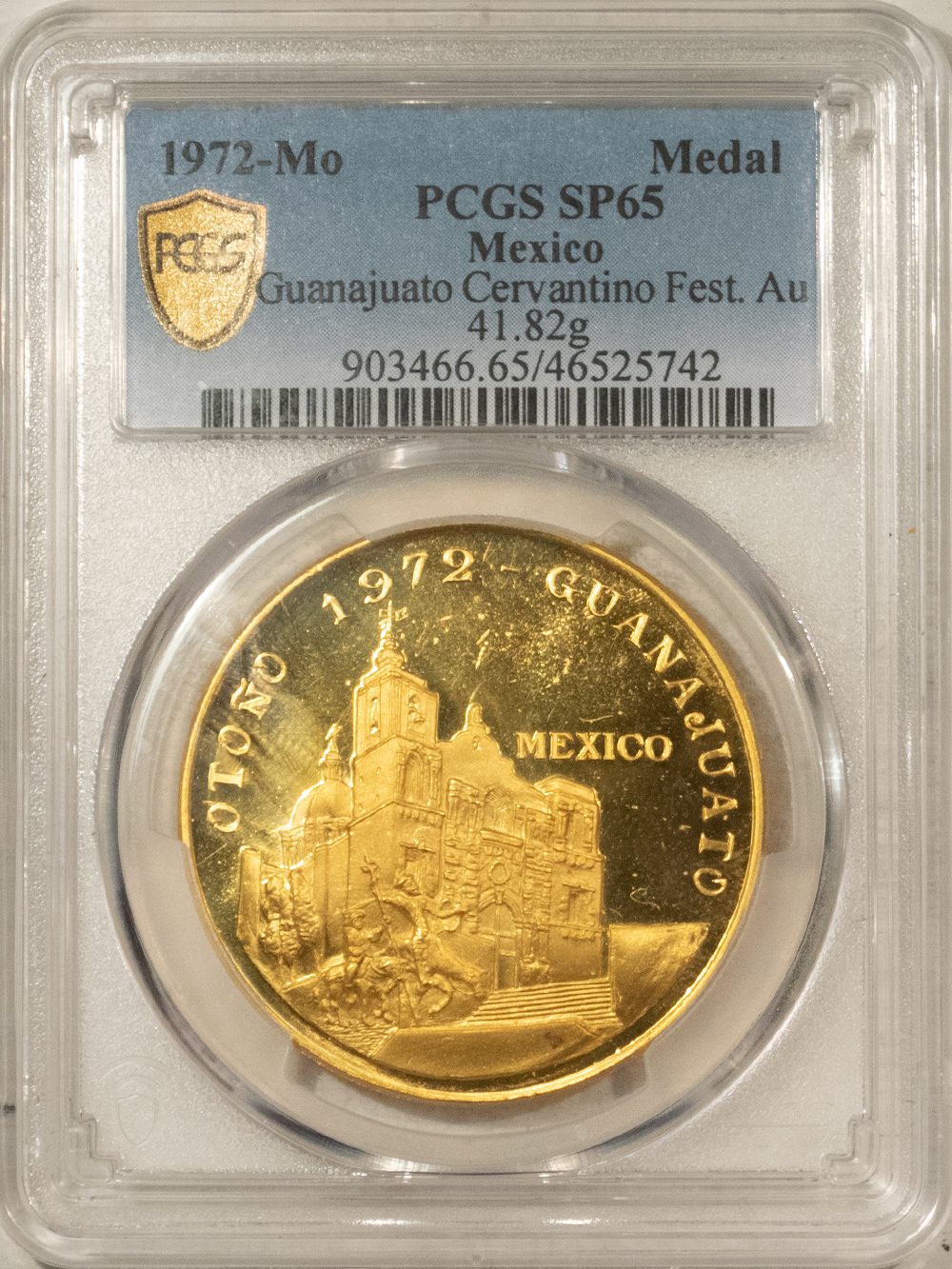 Bullion 1972-MO MEXICO GOLD MEDAL 41.82GRAMS GUANAJUATO CERVANTINO FESTIVAL PCGS SP-65 Bullion 1972-MO MEXICO GOLD MEDAL 41.82GRAMS GUANAJUATO CERVANTINO FESTIVAL PCGS SP-65