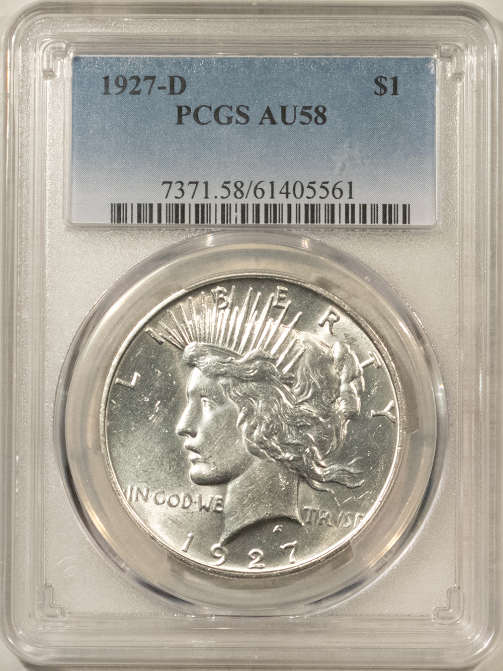 Dollars 1927-D $1 PEACE DOLLAR – PCGS AU-58, BLAST WHITE! Dollars 1927-D $1 PEACE DOLLAR – PCGS AU-58, BLAST WHITE!
