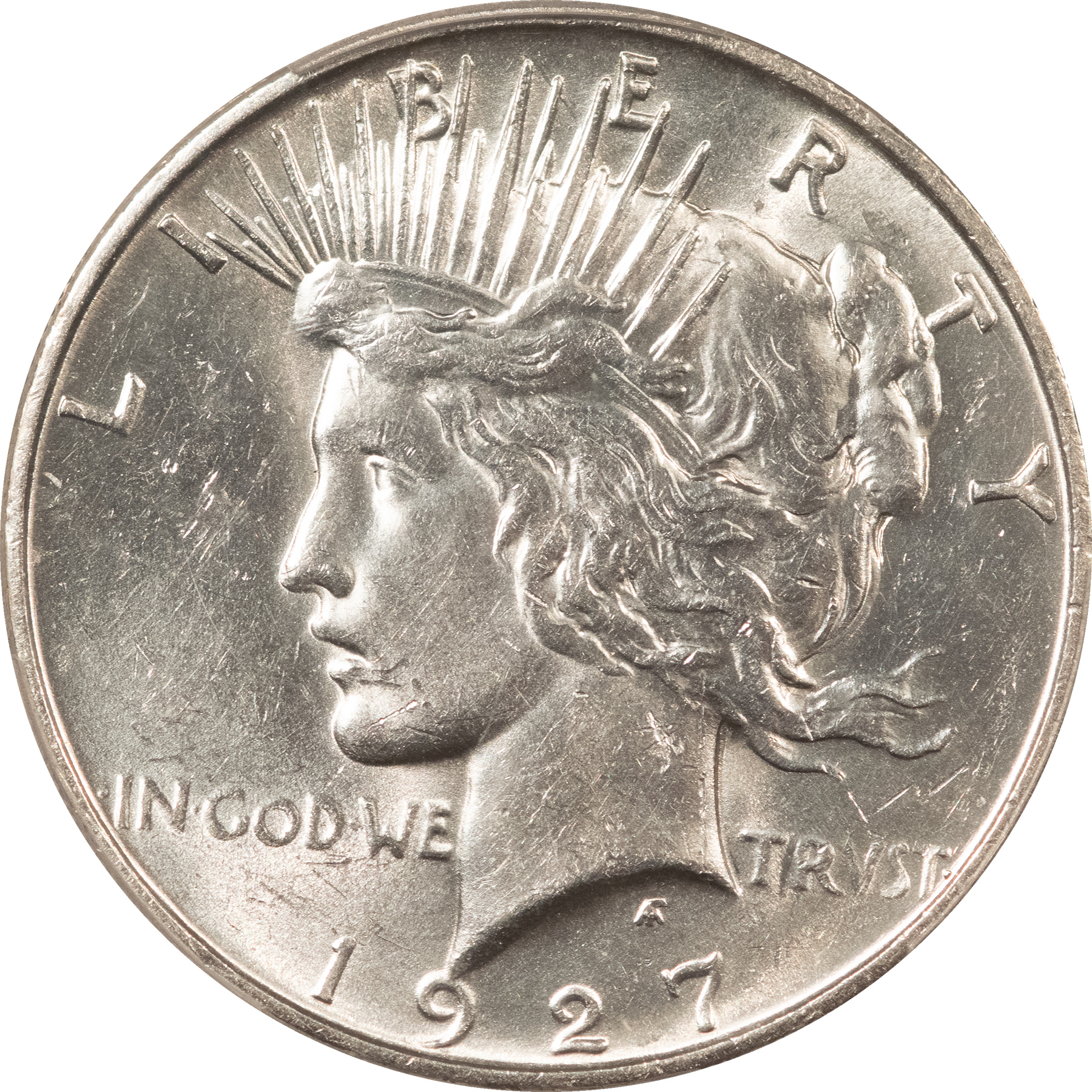 Dollars 1927-D $1 PEACE DOLLAR – PCGS AU-58, BLAST WHITE! Dollars 1927-D $1 PEACE DOLLAR – PCGS AU-58, BLAST WHITE!