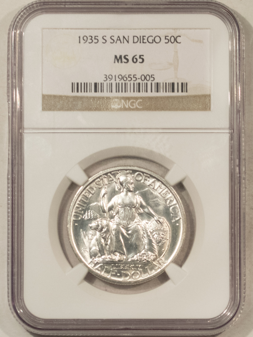 Early Commems 1935-S SAN DIEGO COMMEMORATIVE HALF DOLLAR – NGC MS-65, WHITE HEADLIGHT! Early Commems 1935-S SAN DIEGO COMMEMORATIVE HALF DOLLAR – NGC MS-65, WHITE HEADLIGHT!