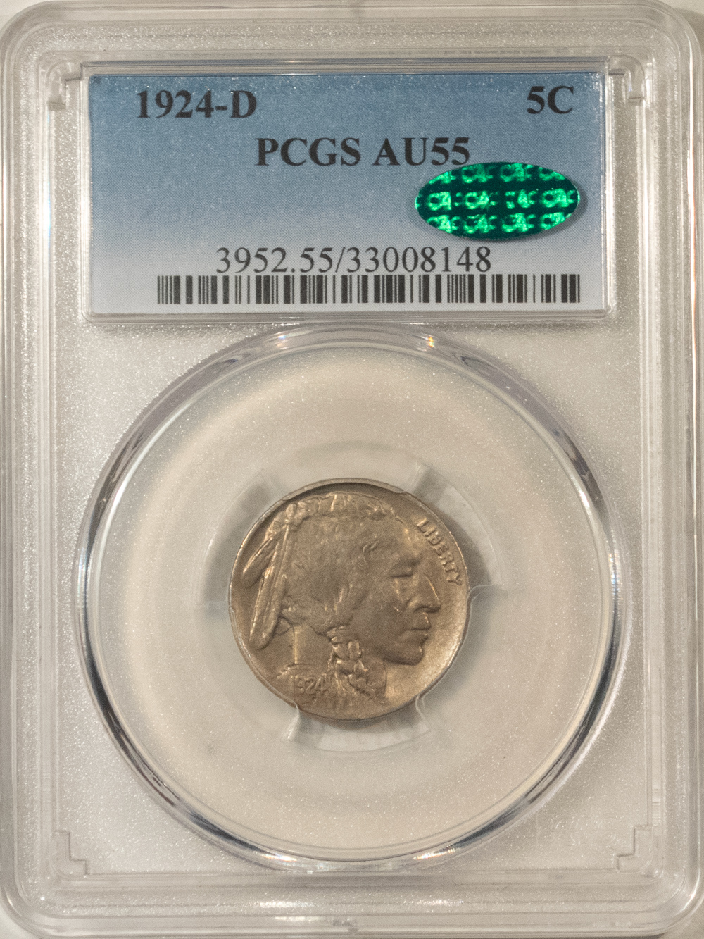 Buffalo Nickels 1924-D BUFFALO NICKEL – PCGS AU-55, CAC APPROVED! TOUGH DATE! Buffalo Nickels 1924-D BUFFALO NICKEL – PCGS AU-55, CAC APPROVED! TOUGH DATE!