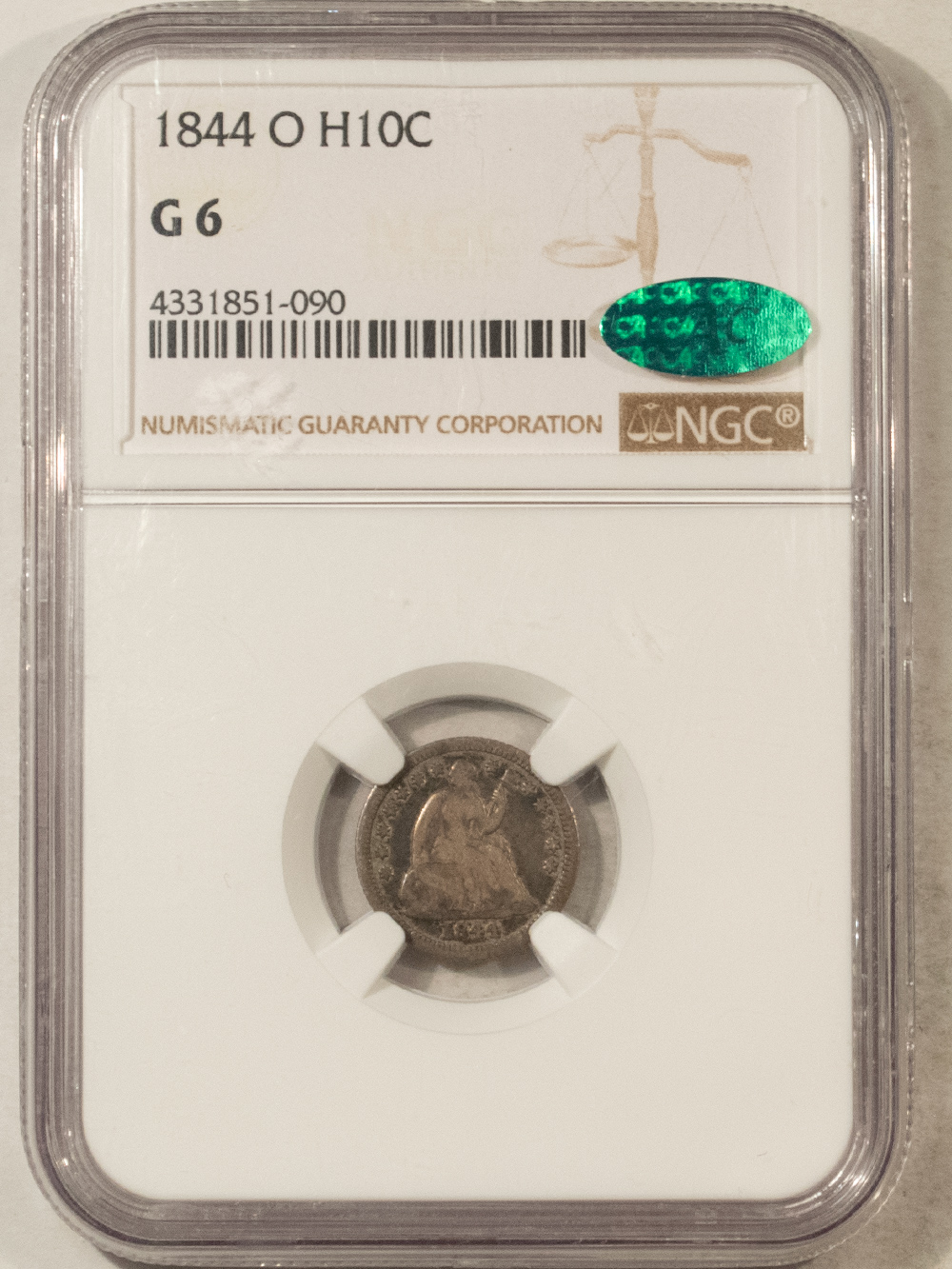 CAC Approved Coins 1844-O SEATED LIBERTY HALF DIME – NGC G-6, POP 1 & CAC APPROVED! CAC Approved Coins 1844-O SEATED LIBERTY HALF DIME – NGC G-6, POP 1 & CAC APPROVED!
