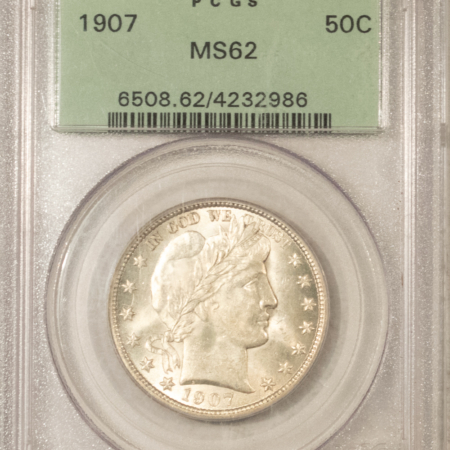Barber Halves 1907 BARBER HALF DOLLAR – PCGS MS-62, 63+ QUALITY! PQ! OLD GREEN HOLDER!