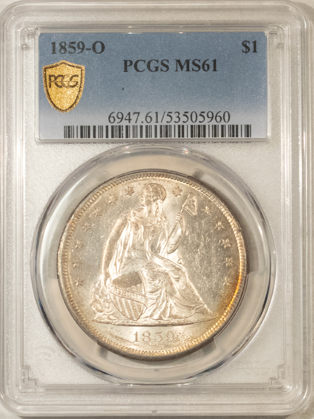 Dollars 1859-O $1 SEATED LIBERTY DOLLAR – PCGS MS-61, FLASHY LUSTROUS UNCIRCULATED! Dollars 1859-O $1 SEATED LIBERTY DOLLAR – PCGS MS-61, FLASHY LUSTROUS UNCIRCULATED!