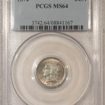 New Certified Coins 1874 THREE CENT NICKEL – PCGS MS-64 ATTRACTIVE ORIGINAL
