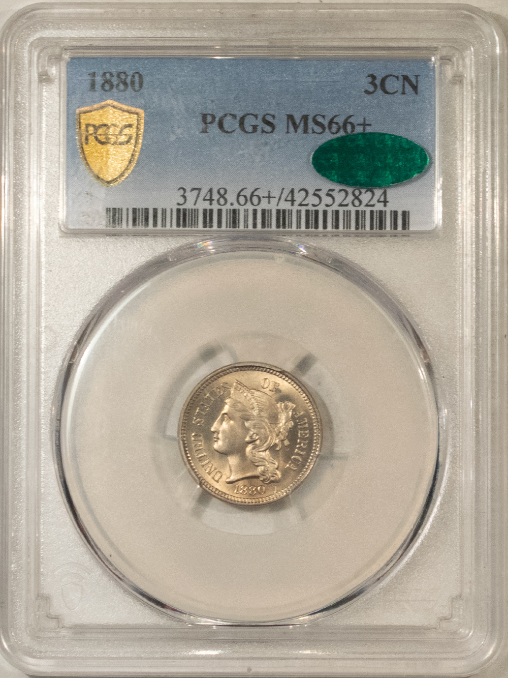 CAC Approved Coins 1880 THREE CENT NICKEL – PCGS MS-66+ SCARCE, PQ & CAC APPROVED! MINTAGE 21,000! CAC Approved Coins 1880 THREE CENT NICKEL – PCGS MS-66+ SCARCE, PQ & CAC APPROVED! MINTAGE 21,000!