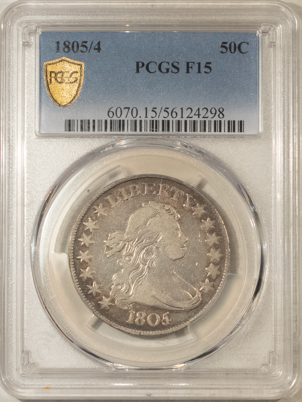 Early Halves 1805/4 DRAPED BUST HALF DOLLAR – PCGS F-15, TOUGH! BOLD OVERDATE! Early Halves 1805/4 DRAPED BUST HALF DOLLAR – PCGS F-15, TOUGH! BOLD OVERDATE!