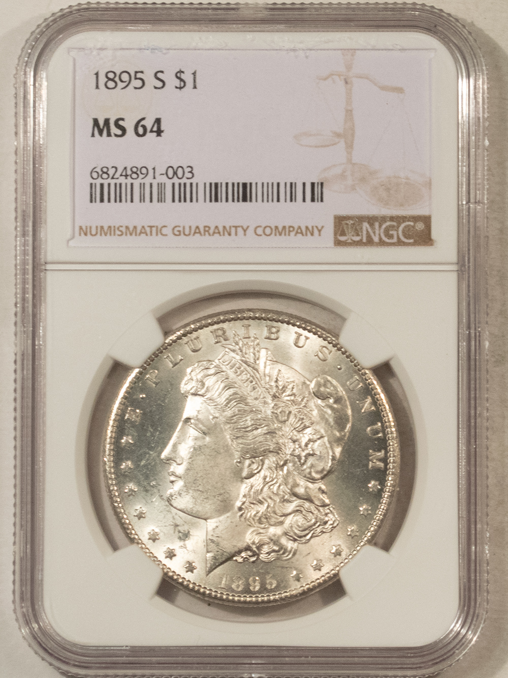 Dollars 1895-S $1 MORGAN DOLLAR – NGC MS-64, BLAZING WHITE, SCARCE DATE! CLEAN CHEEK! Dollars 1895-S $1 MORGAN DOLLAR – NGC MS-64, BLAZING WHITE, SCARCE DATE! CLEAN CHEEK!