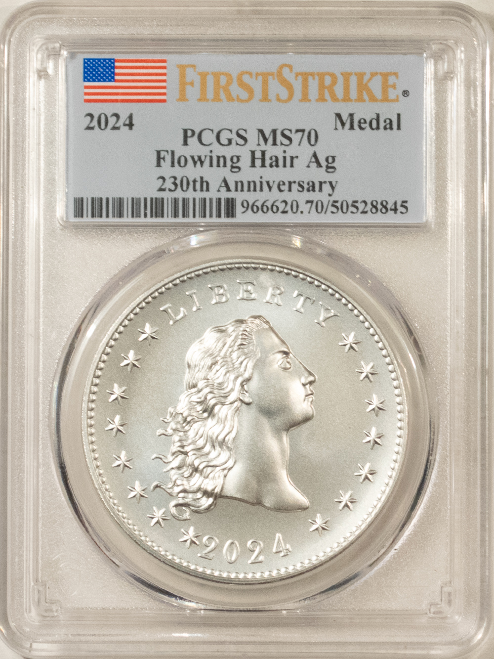 Modern Commems 2024 FLOWING HAIR 230TH ANNIVERSARY SILVER MEDAL – PCGS MS-70 FIRST STRIKE, FLAG Modern Commems 2024 FLOWING HAIR 230TH ANNIVERSARY SILVER MEDAL – PCGS MS-70 FIRST STRIKE, FLAG