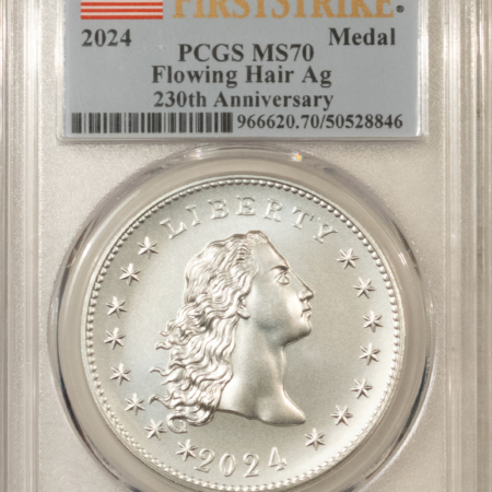 Modern Commems 2024 FLOWING HAIR 230TH ANNIVERSARY SILVER MEDAL – PCGS MS-70 FIRST STRIKE, FLAG
