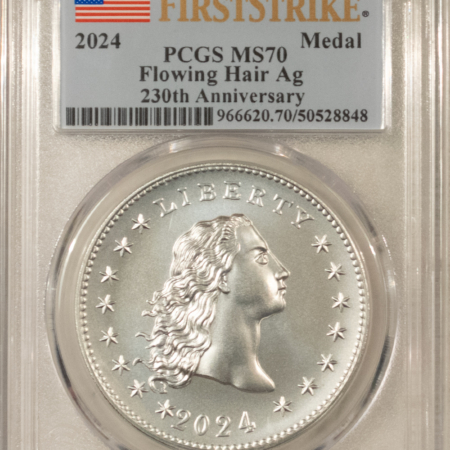 Modern Commems 2024 FLOWING HAIR 230TH ANNIVERSARY SILVER MEDAL – PCGS MS-70 FIRST STRIKE, FLAG