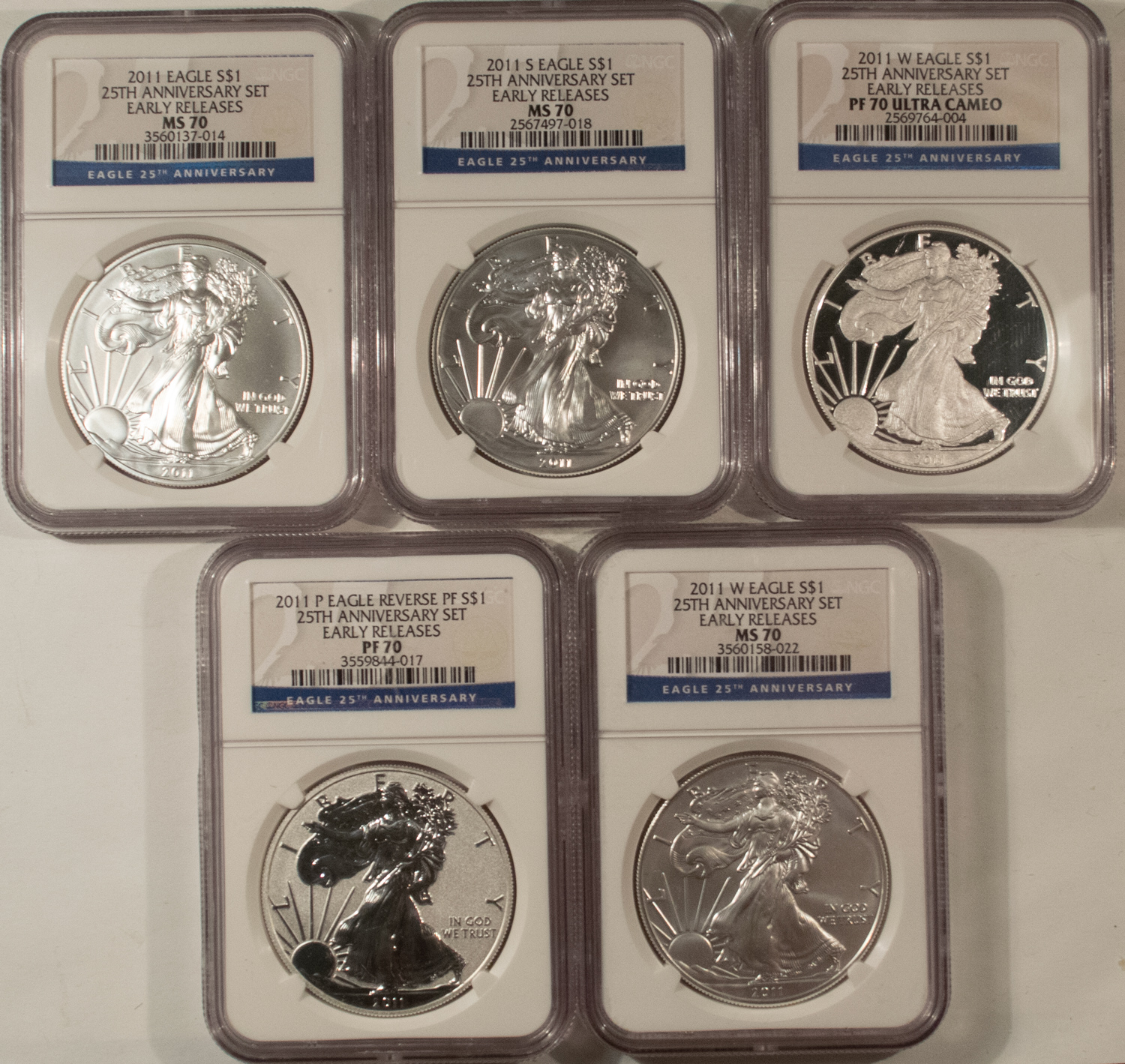American Silver Eagles 2011 AMERICAN SILVER EAGLE 5 COIN 25TH ANNIVERSARY SET NGC MS/PF70 EARLY RELEASE American Silver Eagles 2011 AMERICAN SILVER EAGLE 5 COIN 25TH ANNIVERSARY SET NGC MS/PF70 EARLY RELEASE