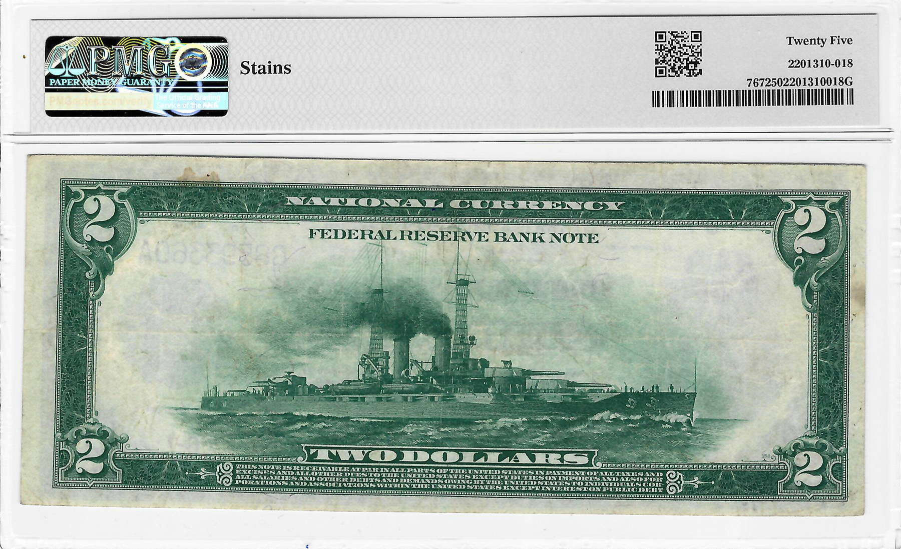 Large Federal Reserve Notes 1918 $2 FEDERAL RESERVE BANK NOTE BATTLESHIP FR767 ELLIOTT-BURKE PMG VF25 STAINS Large Federal Reserve Notes 1918 $2 FEDERAL RESERVE BANK NOTE BATTLESHIP FR767 ELLIOTT-BURKE PMG VF25 STAINS