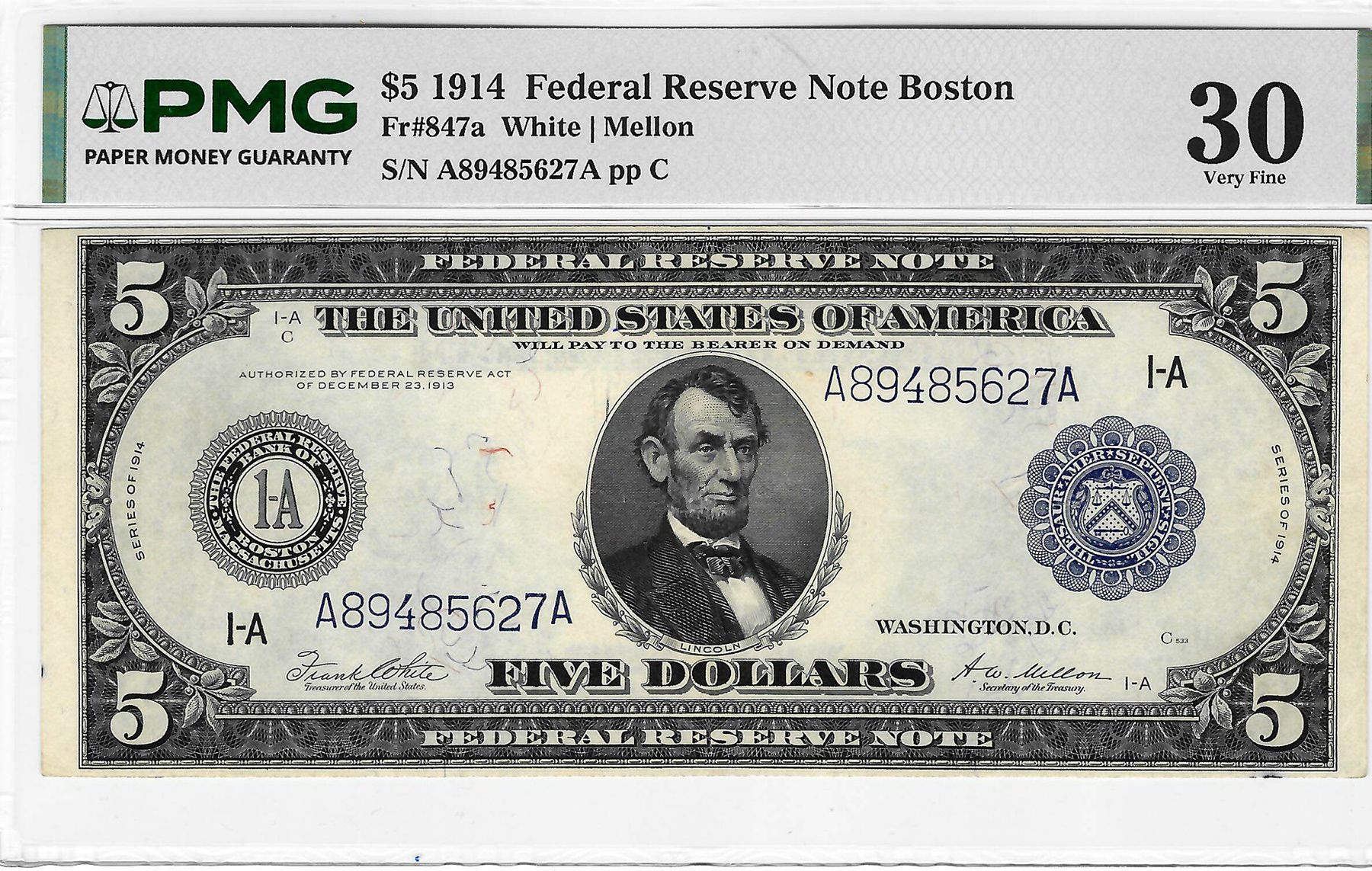 Large Federal Reserve Notes 1914 $5 FEDERAL RESERVE NOTE, BOSTON, FR#847a, WHITE-MELLON, PMG VF-30-LOOKS XF! Large Federal Reserve Notes 1914 $5 FEDERAL RESERVE NOTE, BOSTON, FR#847a, WHITE-MELLON, PMG VF-30-LOOKS XF!