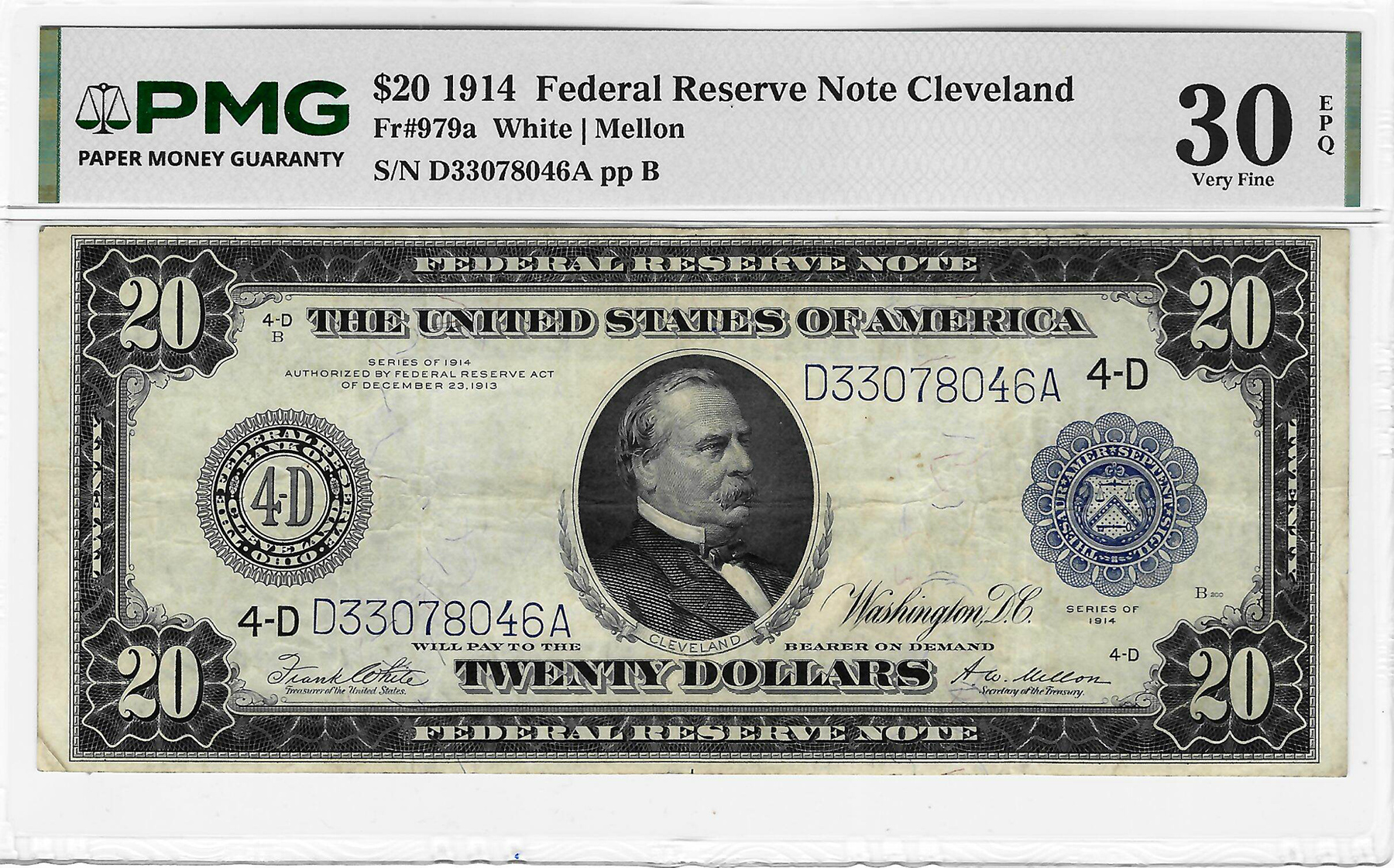 Large Federal Reserve Notes 1914 $20 FEDERAL RESERVE NOTE, CLEVELAND, FR#979a, WHITE-MELLON, PMG VF-30 EPQ! Large Federal Reserve Notes 1914 $20 FEDERAL RESERVE NOTE, CLEVELAND, FR#979a, WHITE-MELLON, PMG VF-30 EPQ!