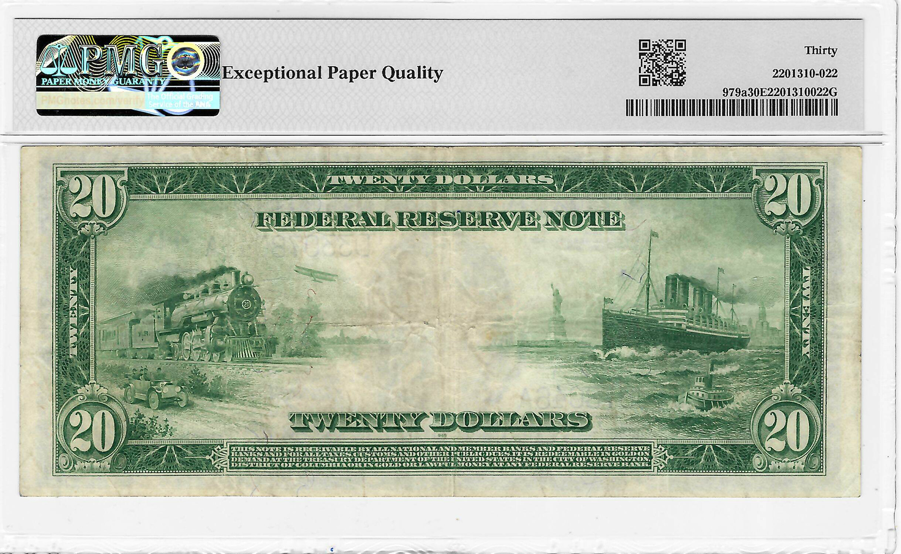 Large Federal Reserve Notes 1914 $20 FEDERAL RESERVE NOTE, CLEVELAND, FR#979a, WHITE-MELLON, PMG VF-30 EPQ! Large Federal Reserve Notes 1914 $20 FEDERAL RESERVE NOTE, CLEVELAND, FR#979a, WHITE-MELLON, PMG VF-30 EPQ!